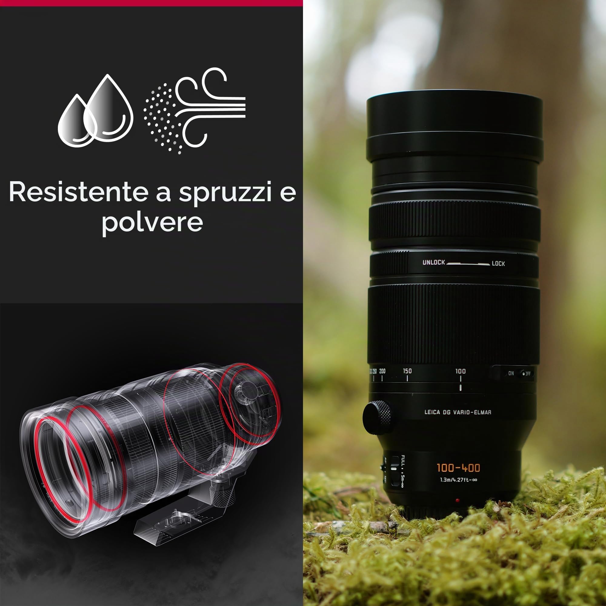 Panasonic Lumix H-RSA100400E Obiettivo Leica DG Vario-Elmar 100-400 mm Ultra Zoom F4.0-6.3, Obiettivo per Fotocamera Micro Quattro Terzi, Teleobiettivo, Resiste a Schizzi, Polvere e Gelo, Nero