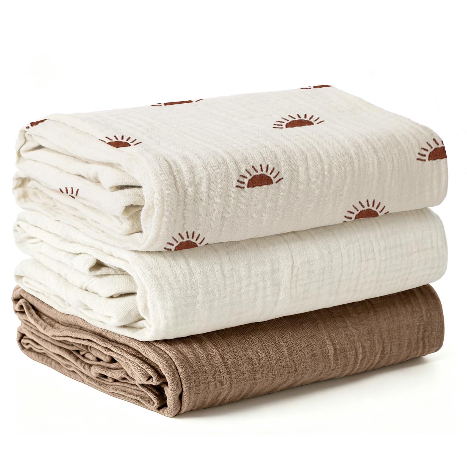 Peepeemax Baby Swaddle Blanket, Large Muslin Cloths for Baby 100x100cm, Soft and Absorbent Muslin Blanket for Newborn Receiving Blanket for Boys and Girls, Pack of 3 (Sun)