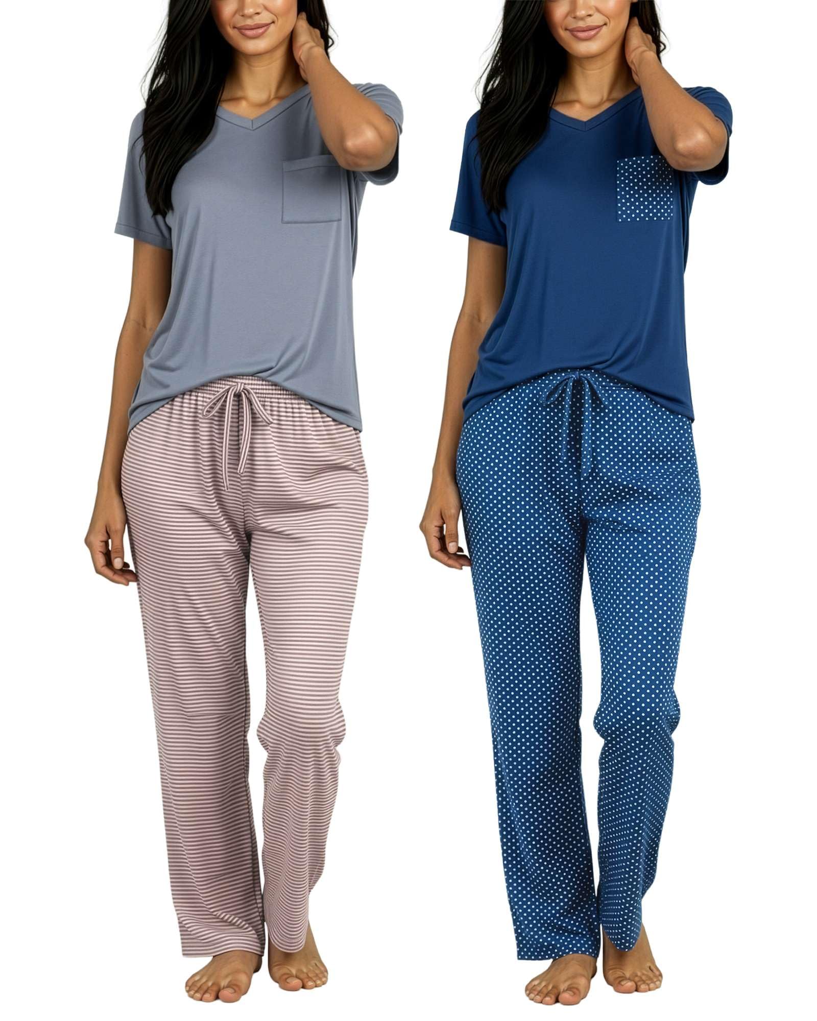 Real Essentials 2 Pack: Women's Comfy Pajama Sets - Short & Long Sleeve Ladies Loungewear Sleepwear PJs (Available In Plus)