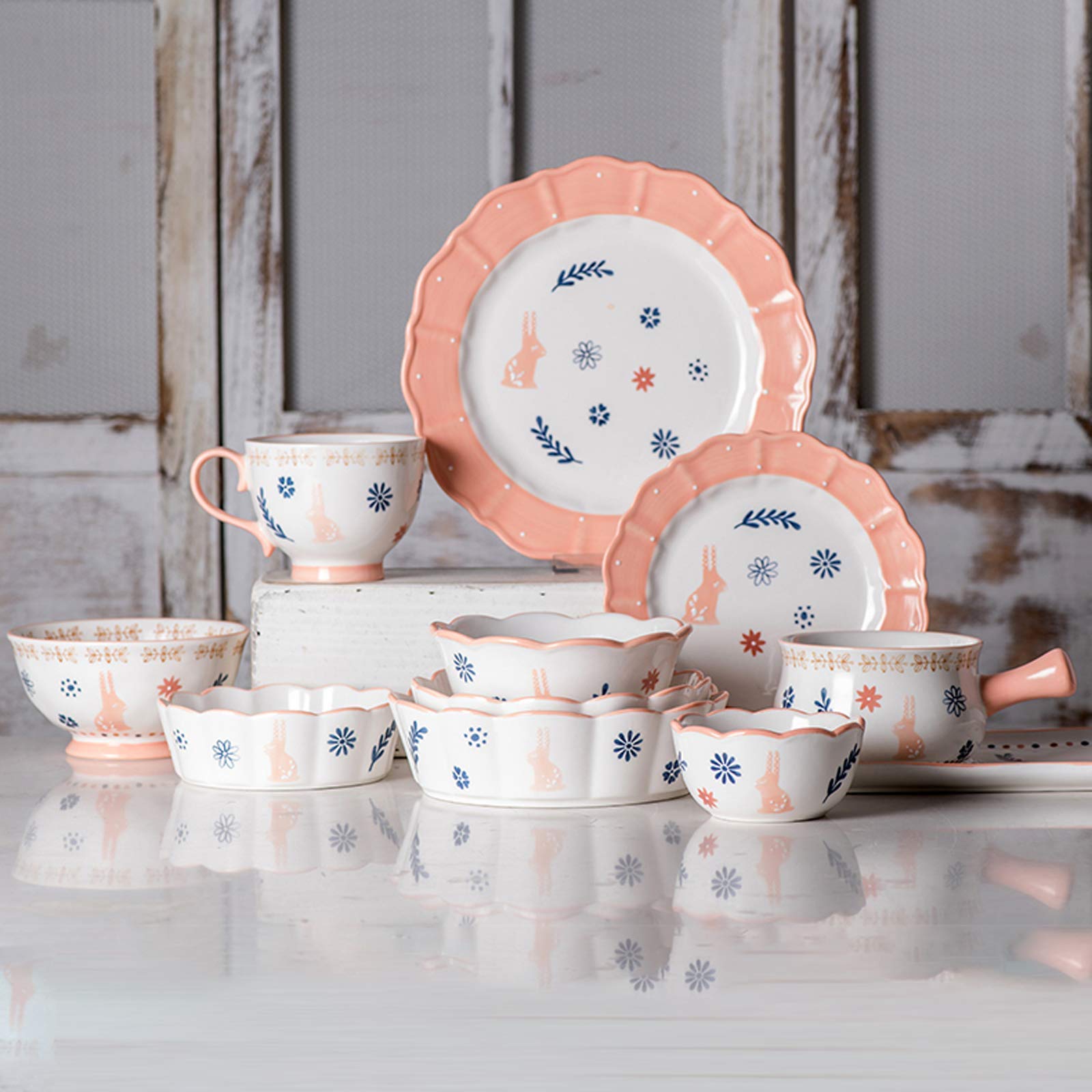 Ensemble de Vaisselle de Cuisine, Ensembles de Vaisselle en céramique, Ensemble de dîner en Porcelaine à Motif de Lapin 33 pièces pour Mariage, Ensemble de TASS(
