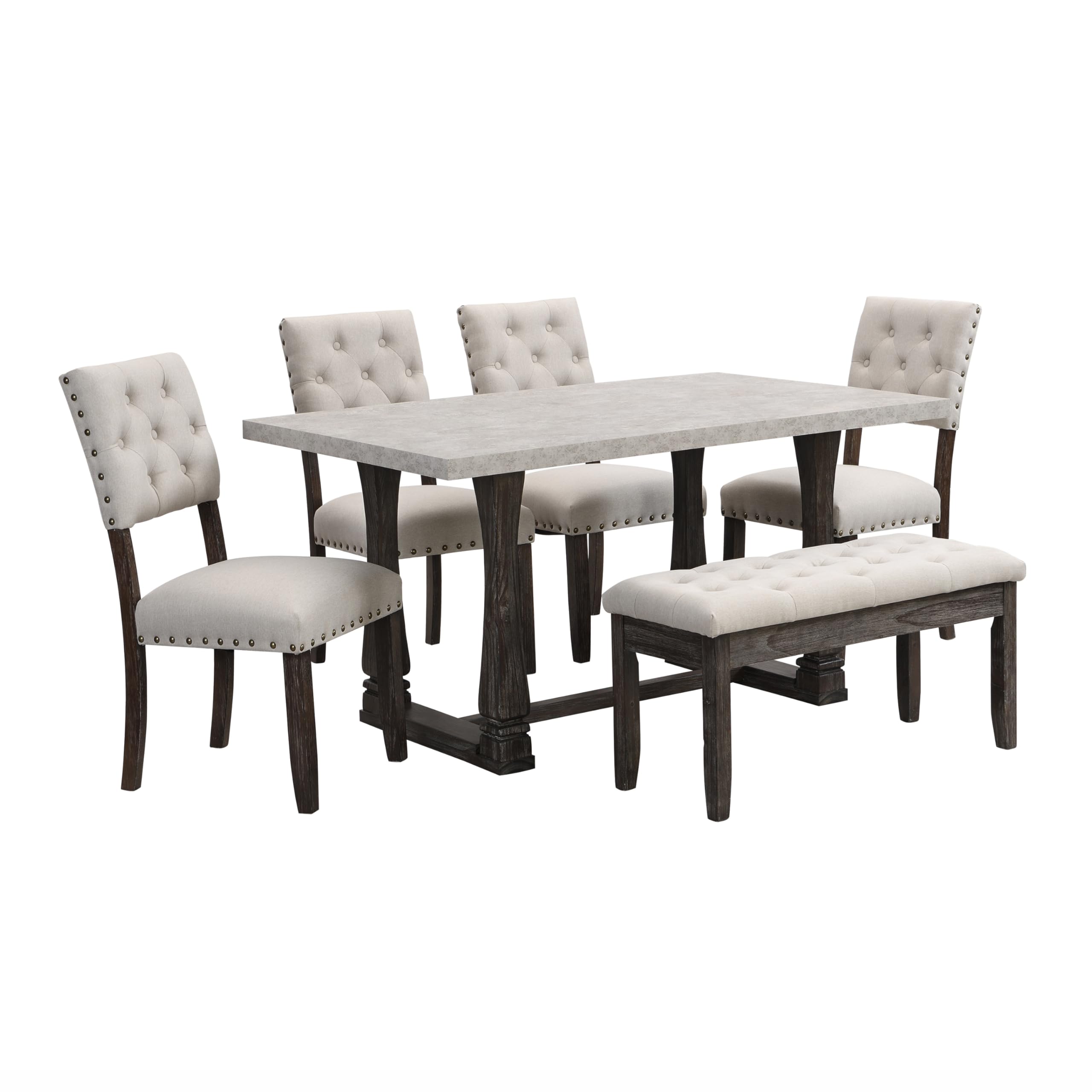 FIVEGIVEN 6 Piece Dining Table Set for Farmhouse Kitchen 60 Inch Rectangle Table with Upholstered Chairs and Bench Seat Antique Grey/Distressed Brown/Beige