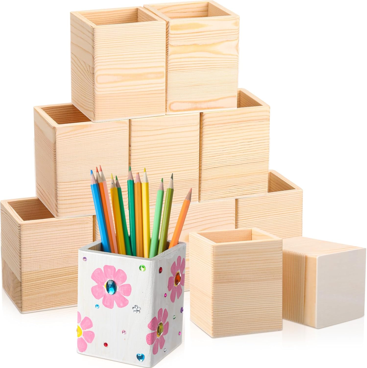 DoubleFill 12 Pack DIY Spring Wooden Pencil Holder Craft for Desk, Desktop Pencil Holder Stand, Unfinished Wooden Pen Craft for Homemade DIY Supplies(Quadrate)