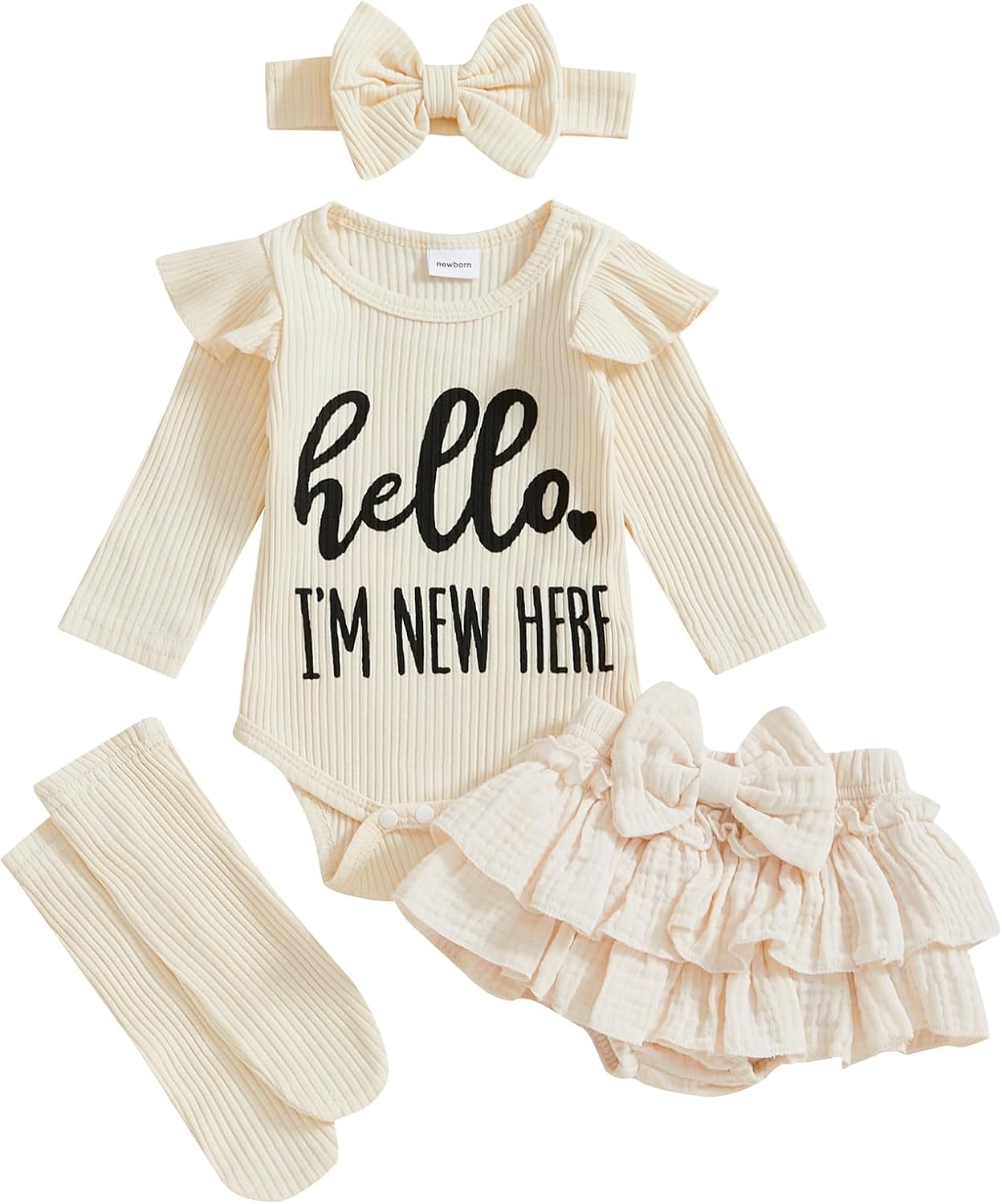 Im New Here Newborn Baby Girl Outfit Ruffle Romper Tiered Tutu Dress Shorts Headband Socks Coming Home Clothes Set