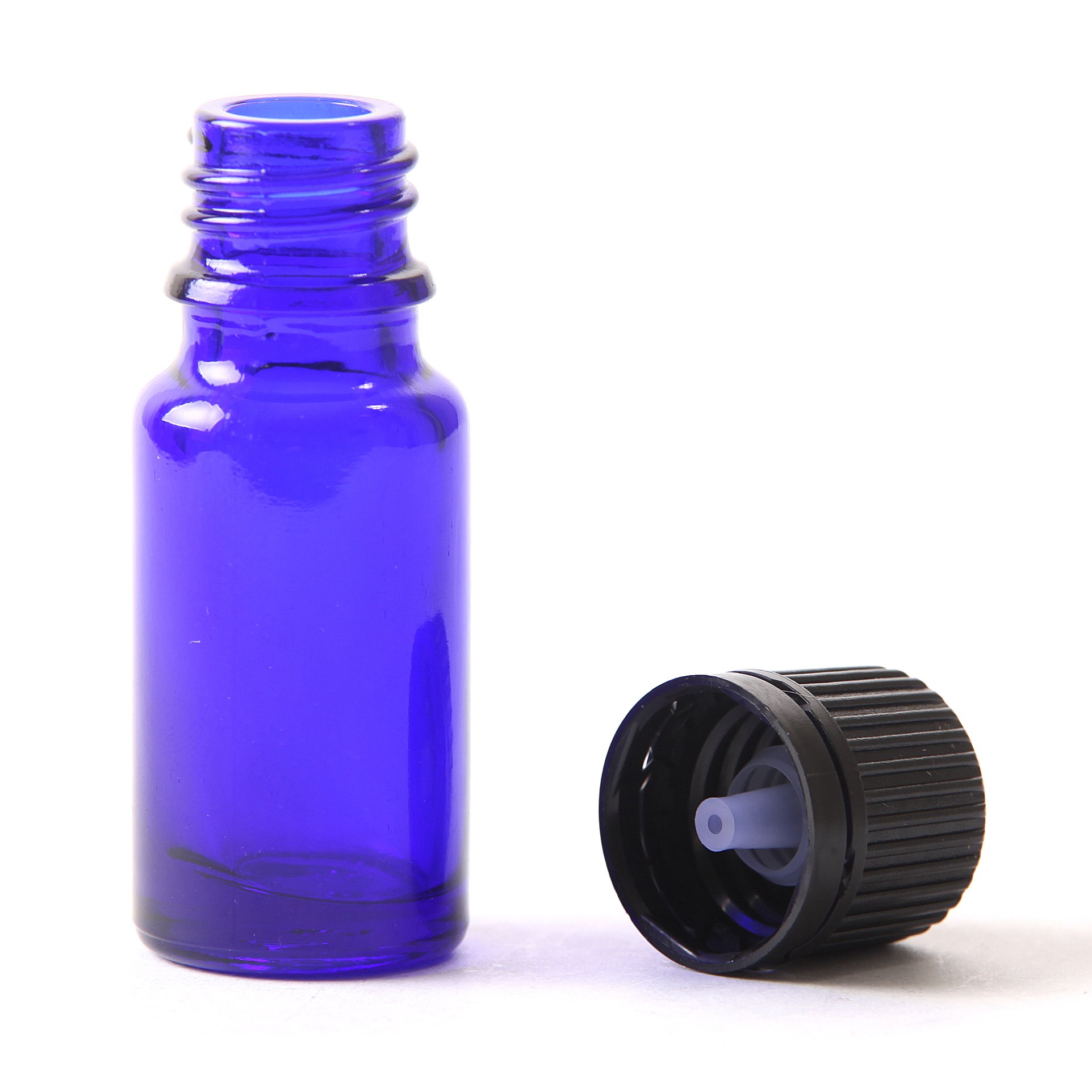 Botella redonda de cristal azul cobalto de 10 ml (con tapón y cuentagotas negros) x 162