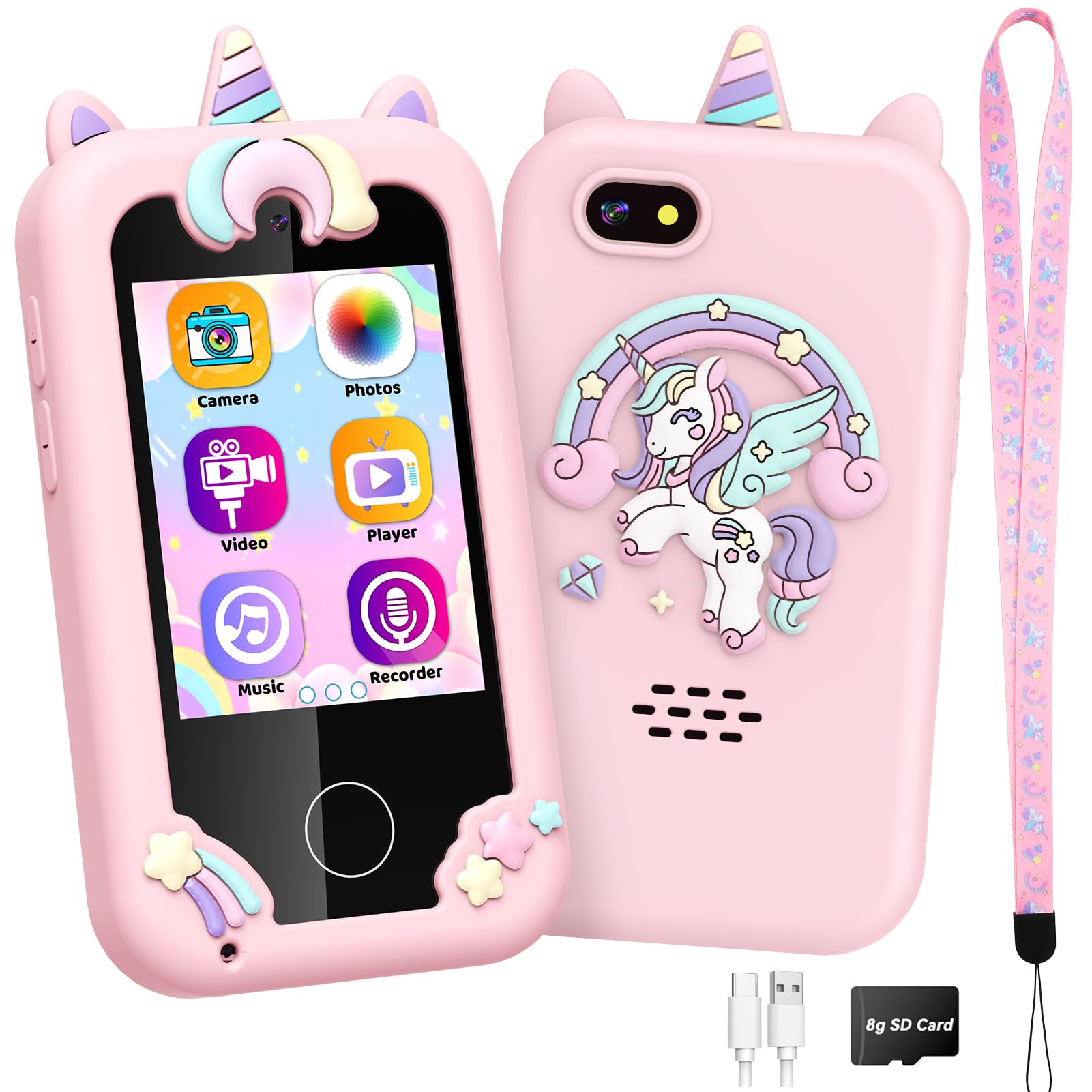 Kids Phone Unicorn Toys for Girls Unicorn Gifts for Girl Toddler Easter Basket Stuffers Learning Toys for 3 4 5 6 Year Old Girl Birthday Gifts for Girls Age 3-10 Music Player with Dual Cam