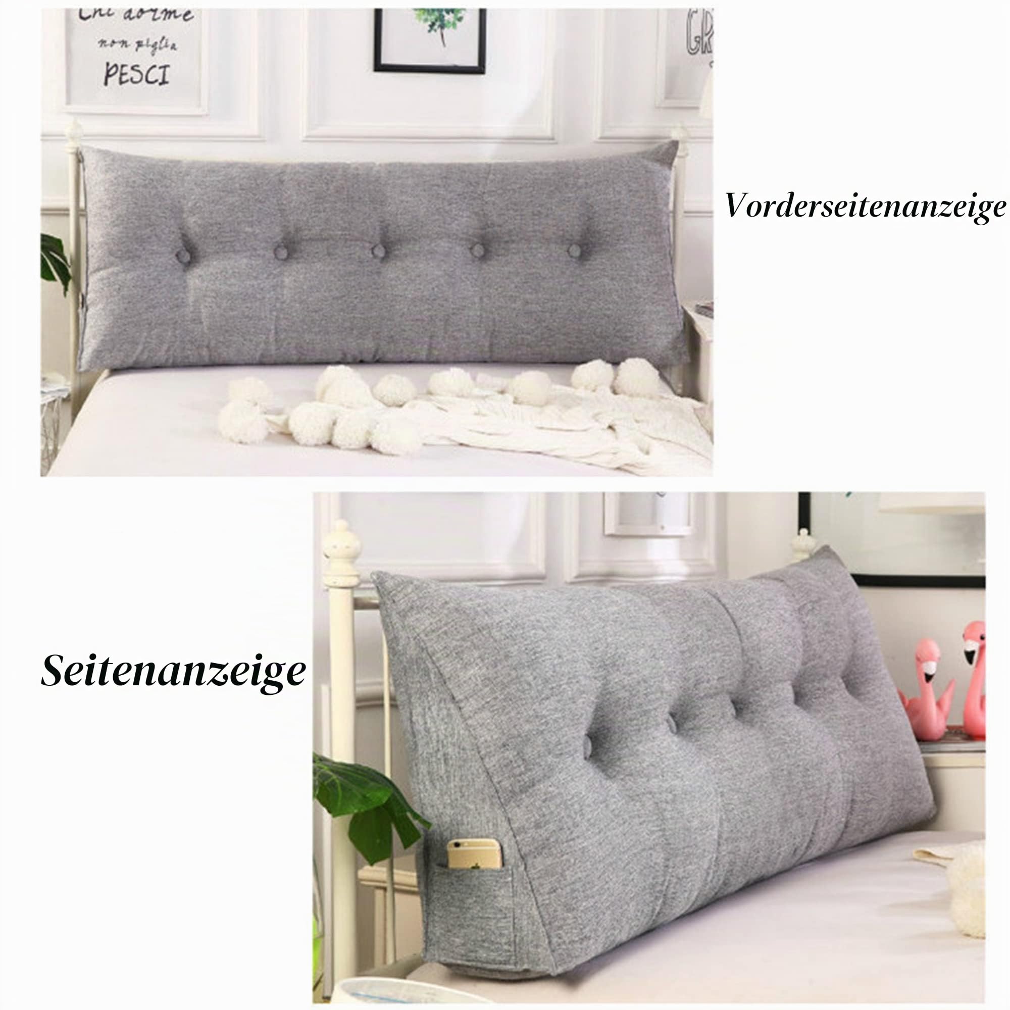 Einfaches Dreiecks-Lesekissen, großes Rückenlehnenkissen für Bett, Sofa, Tatami, Tagesbettkissen, Keil-Kopfteil-Kissen mit abnehmbarem Bezug (Dunkelgrau, 100x50x20)