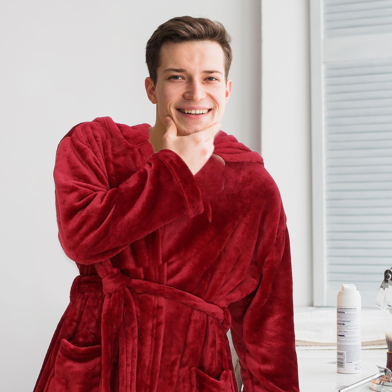 NOLITOY Albornoz con Capucha para Hombre Ligero y Resistente con Bolsillos Espaciosos Diseño Elegante y Suelto Bata de Baño Color Vino para Uso Casa
