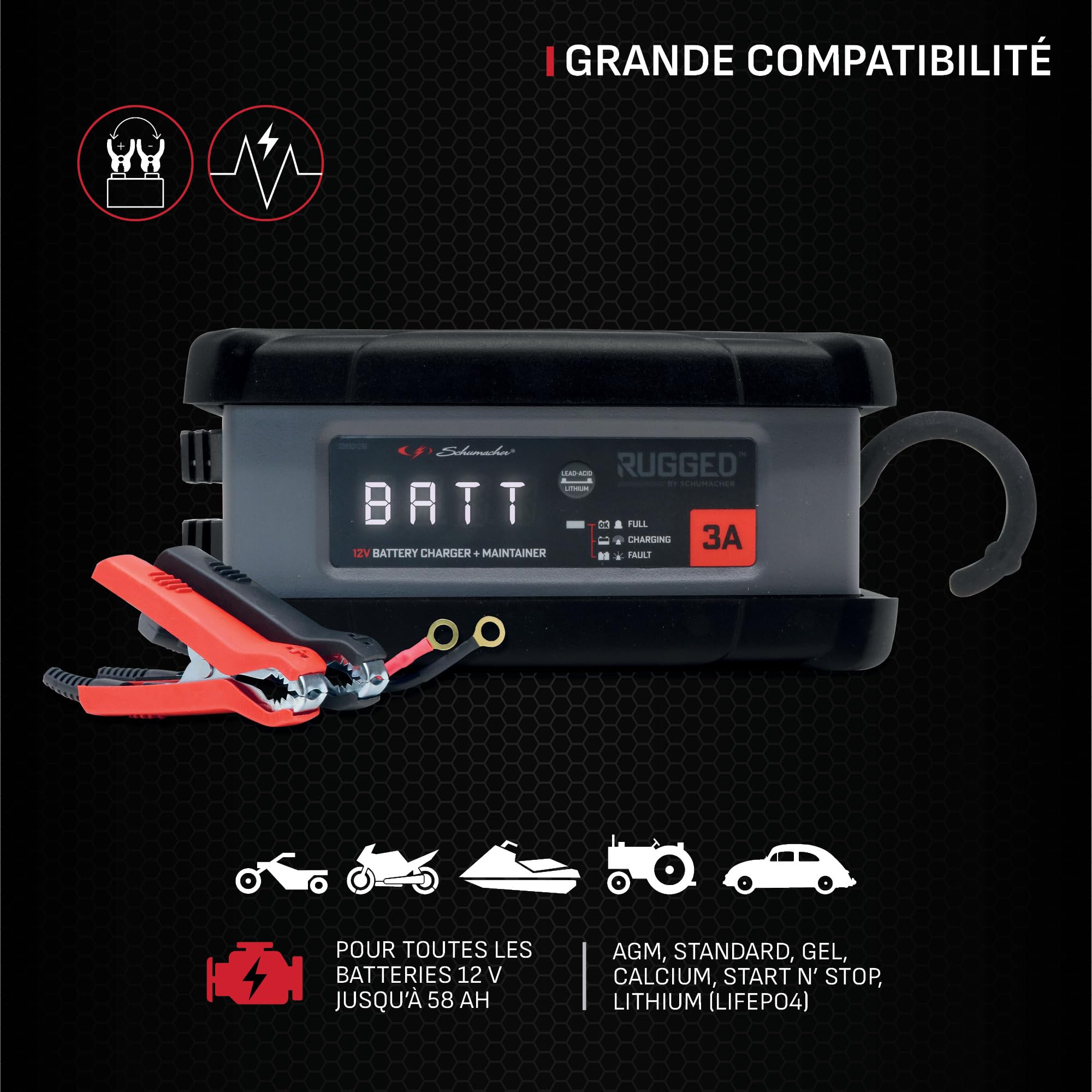 Schumacher Rugged SPX 458 Chargeur - Maintien Charge Automatique Intelligent 12V, 3A - pour Moto, Voiture, Bateau, Jet-Ski, Quad, Tondeuse, Mini Tracteur - IP54 (poussière et humidité ambiante)