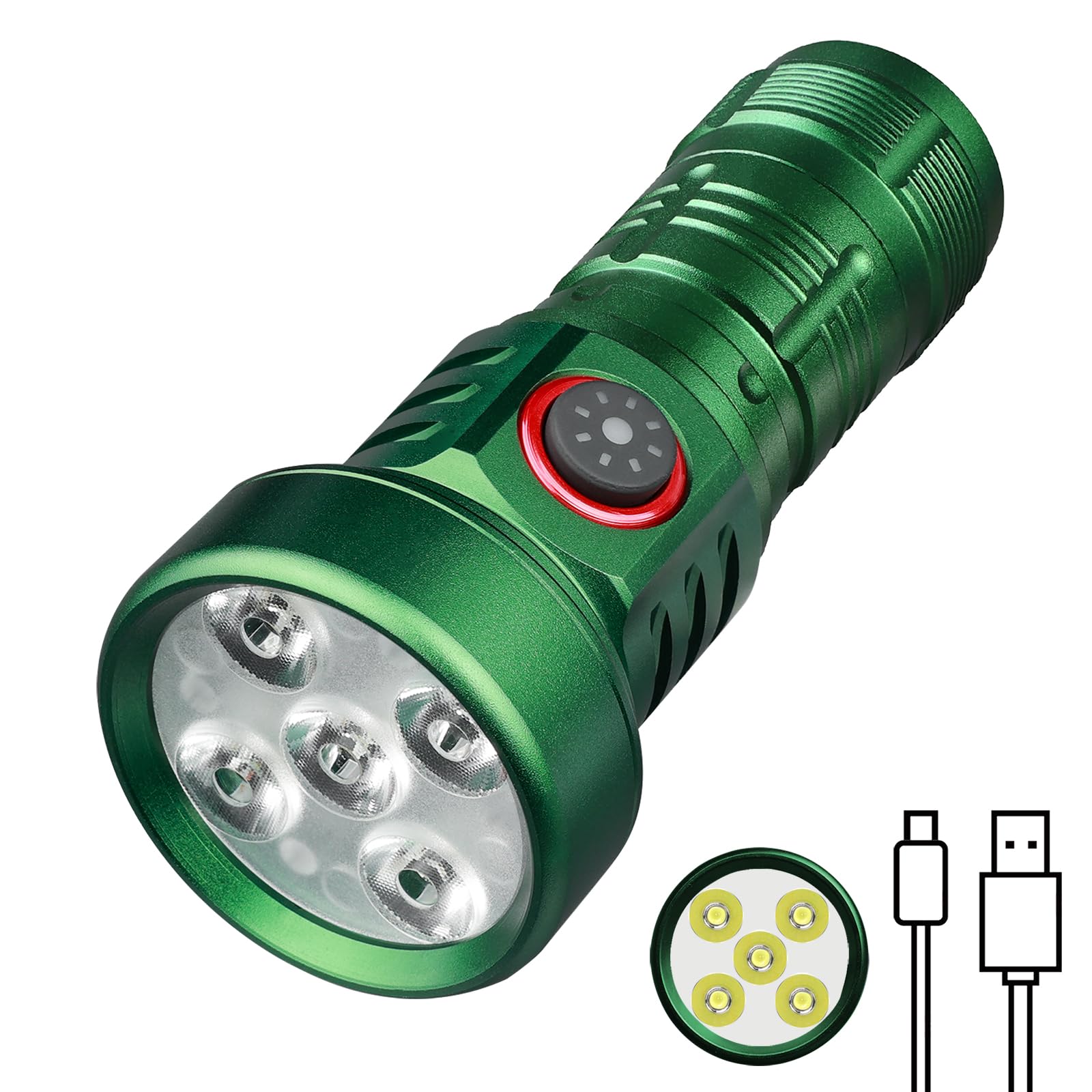 WurkkosPowerful Professional LED Torch Type C – 2000 Lumens LED Torch High Powerful Professional 5 LED Red and Yellow Light Rechargeable Torch, Tascavile Flashlight for Camping Trekking