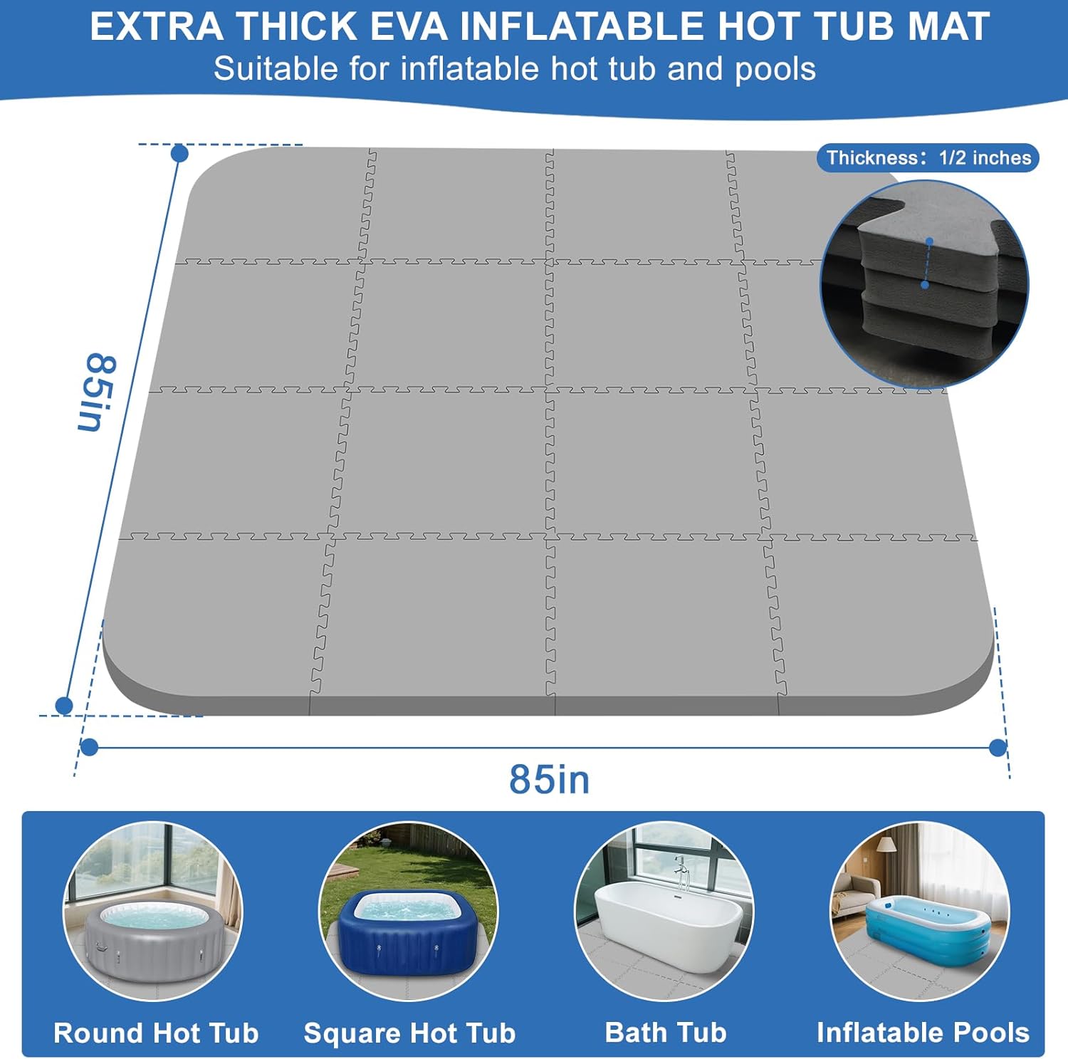 1/2" Extra Thickness Hot Tub Mat & Pad for Inflatable Tub, 85*85 Inch Large EVA Foam Padding Foundation With Interlocking, Non-Slip Durable Inflatable Hot Tub Mat for Outdoor Indoor,Easy Clean(Gray)