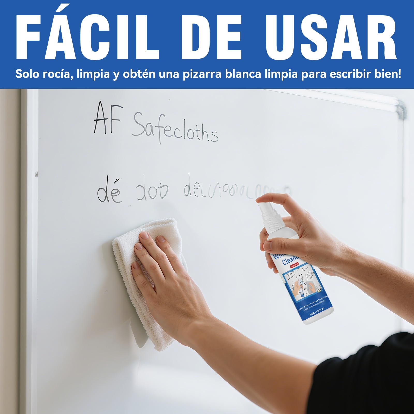 Limpiador de Pizarra Blanca en Spray (120 ml) con Toalla, Elimina Marcas y Residuos de Rotulador, Ideal para Escuelas, Oficinas y Aulas, Accesorio Esencial para Pizarras Blancas