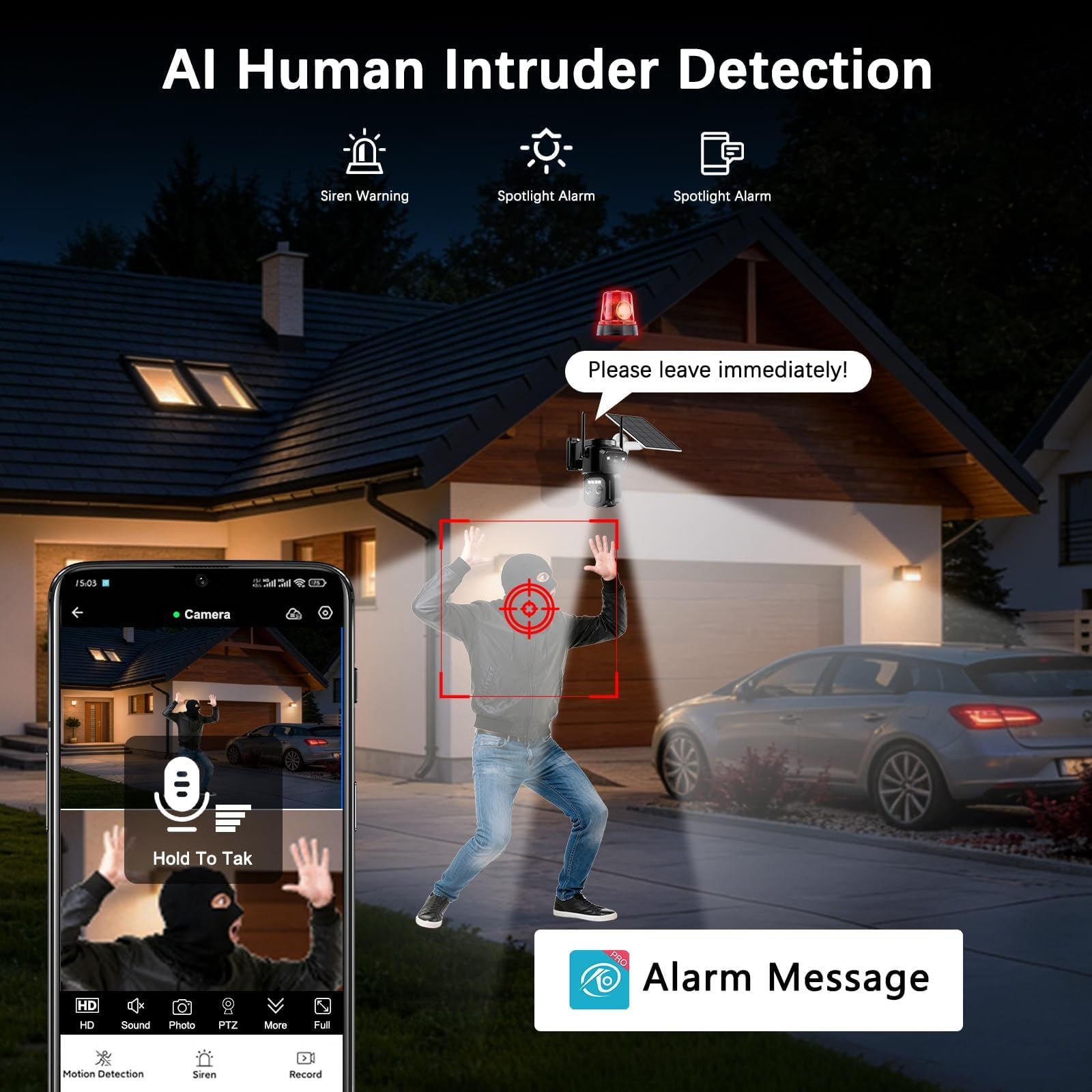 8MP Triple Lente Camara Vigilancia WiFi Exterior con Panel Solar,10X Cámara Exterior Detección Humana PIR Doble,Visión Nocturna en Color, Audio Bidireccional,Seguimiento Automático,Sirena,IP66,2.4GHz
