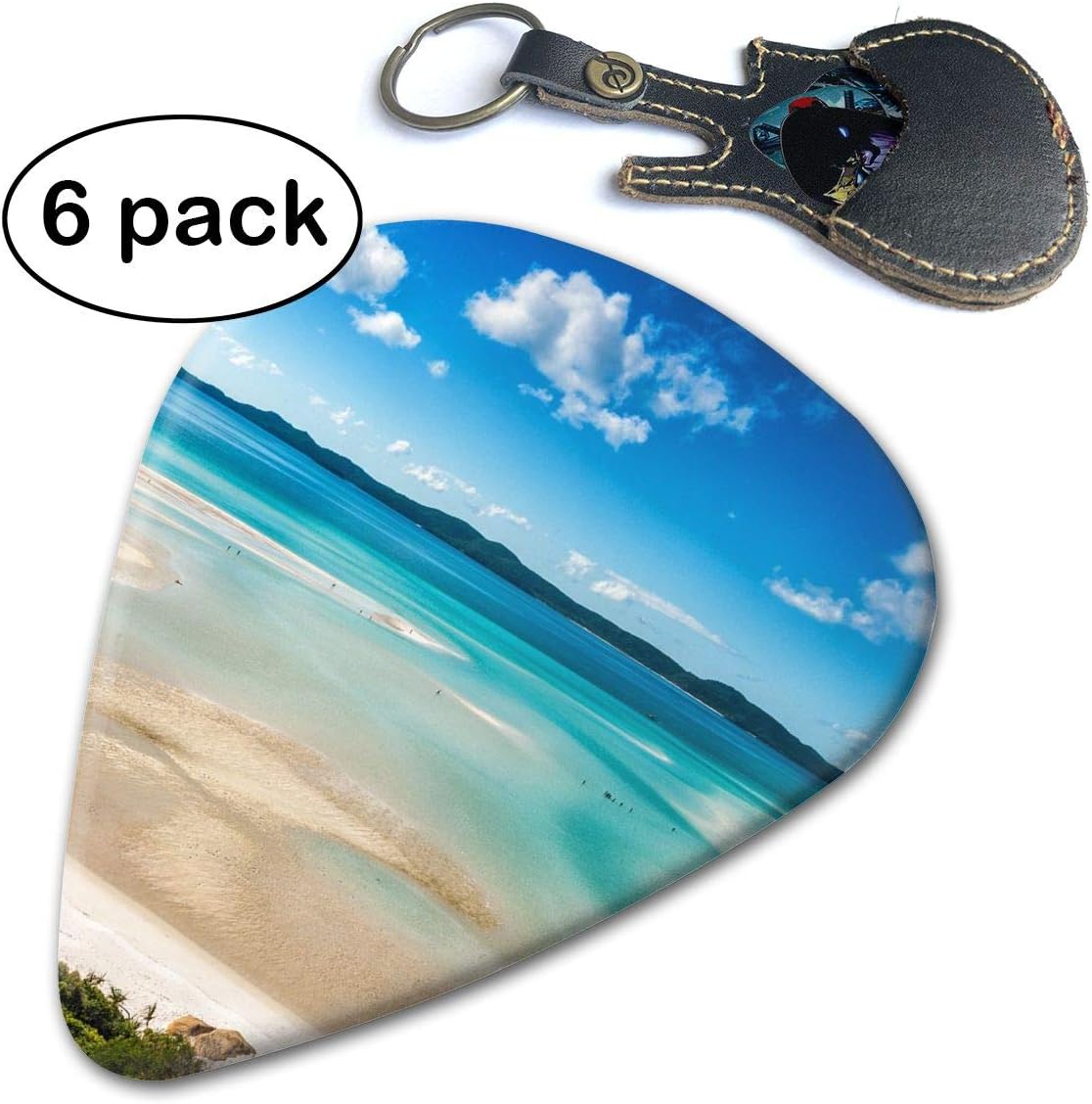 WB - Landscape Sea Beach 351 Shape Classic Guitar Picks (6 Pack) For Electric Guitar, Acoustic Guitar, Mandolin, And Bass. Gift Leather Key Chain Pick Holder (0.46mm, 0.71mm, 0.96mm)