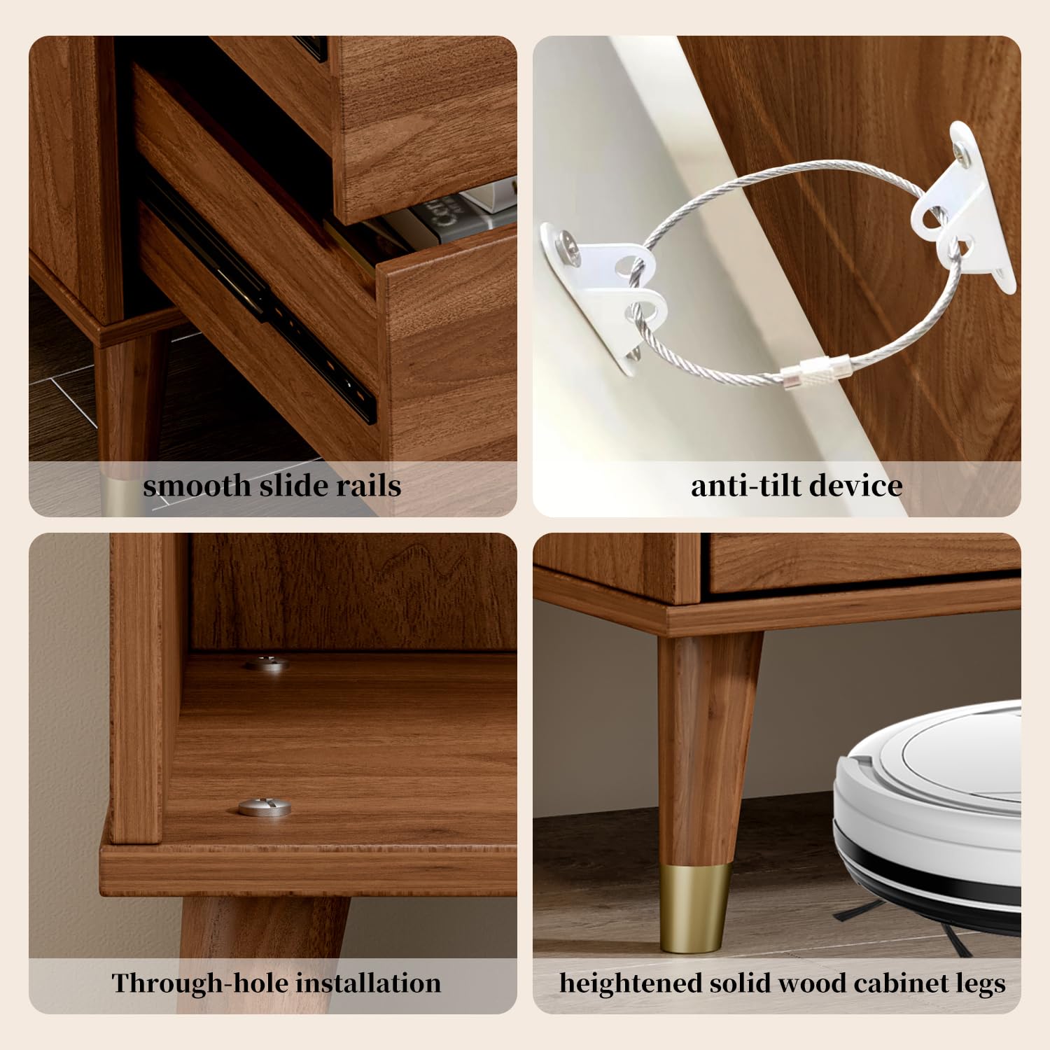 Cómoda de 6 cajones, cómoda de mediados de siglo de 47 pulgadas de ancho, cómoda de madera para dormitorio con 6 cajones de almacenamiento para dormitorio, sala de estar, con dispositivo 4