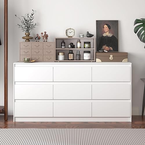 Miniatura 9 de Hitow Cómodas de 9 Cajones Blancos, Cómoda Grande Moderna para Organizar el Dormitorio, Cómoda Larga de Madera con 9 Cajones sin Tiradores, Cómoda
