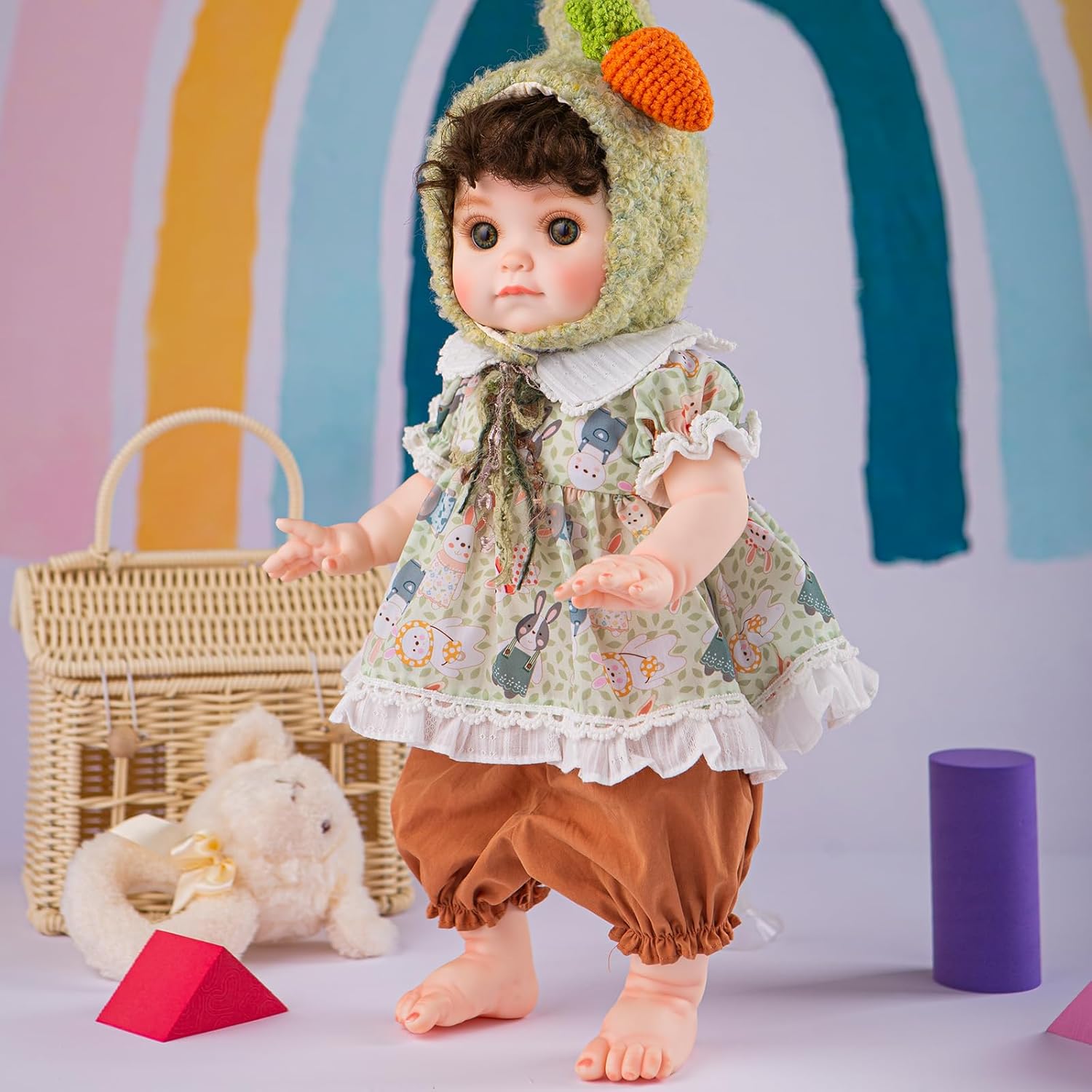 Reborn Baby Doll, Lifelike Realistic Baby Doll with Green Carrot Hat and Cute Outfit, 18inch Soft Vinyl Doll for 3+Years Old and Collectors