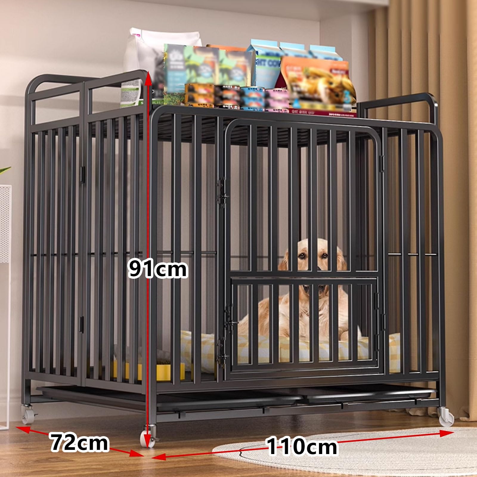 Trasportino Gabbia for Cani Da Interno Con Ruote Bloccabili E Serrature Stabili Realizzata in Metallo Design Pieghevole Cuccia Extra Large Scomparto Superiore(Black,110 * 72 * 91cm)