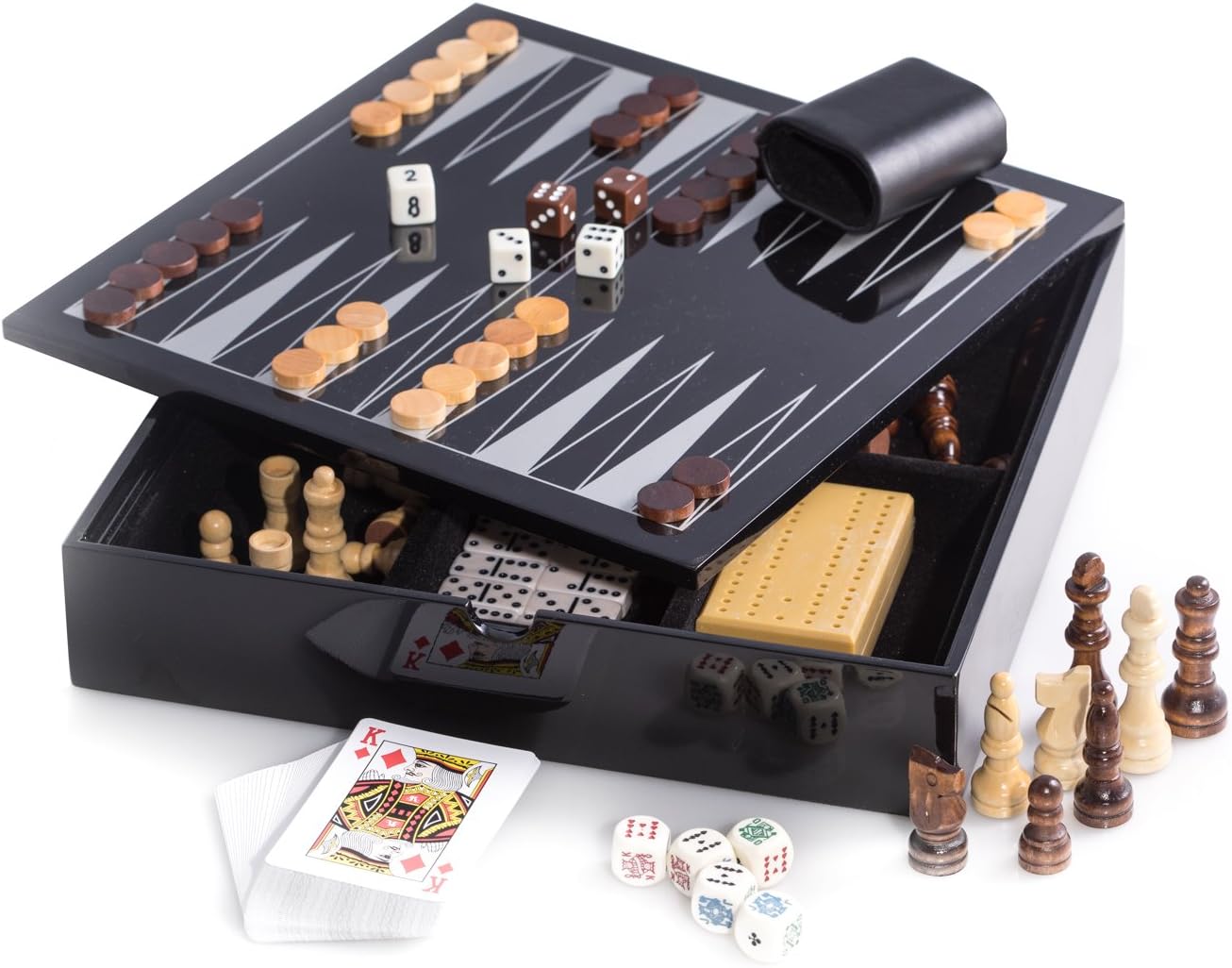 Bey-Berk Evan Black Lacquer Wood Multi-Game Set, Chess, Backgammon, Cribbage, Dominos, Poker Dice and Playing Cards in Wooden Case