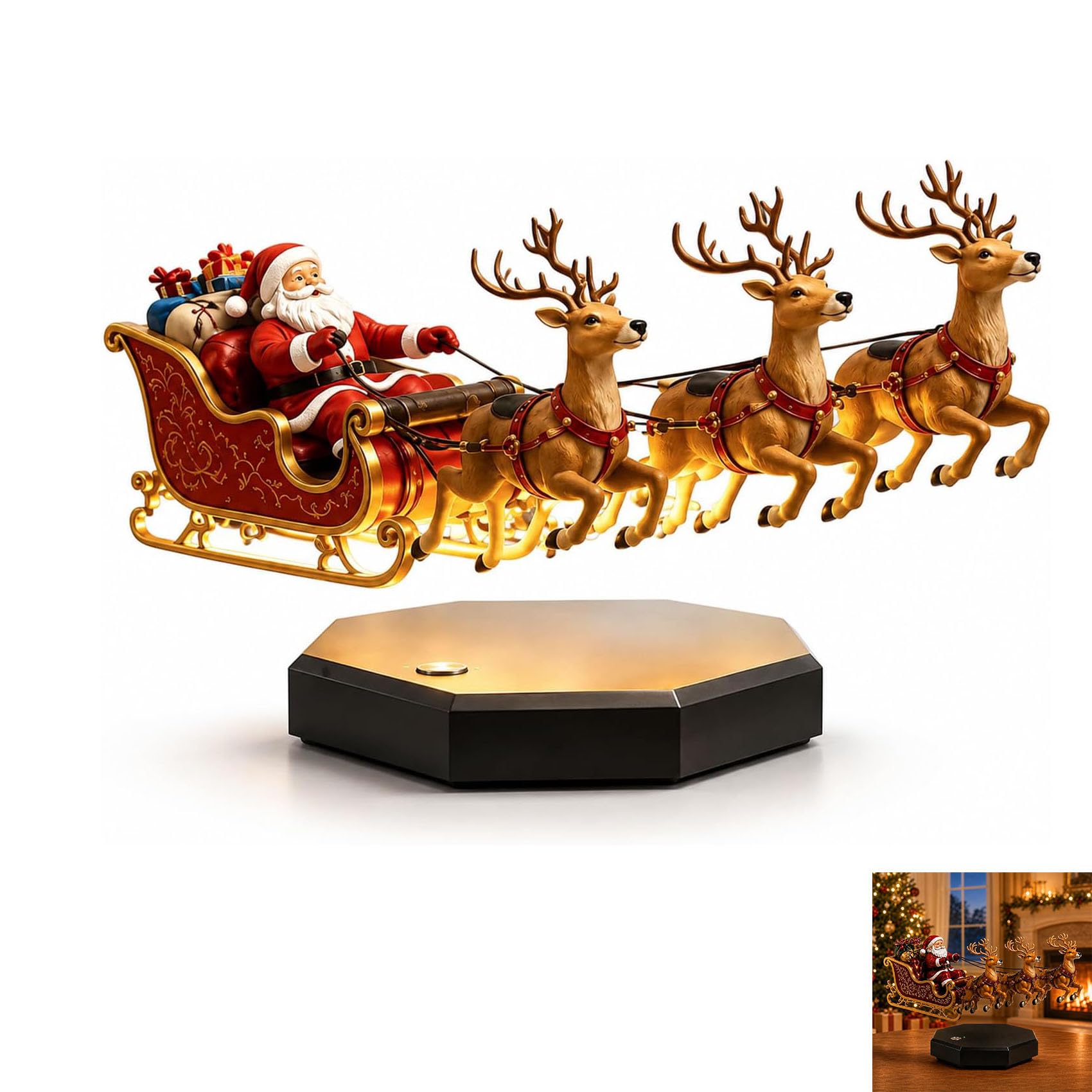Decorazione natalizia con slitta di Babbo Natale a levitazione magnetica