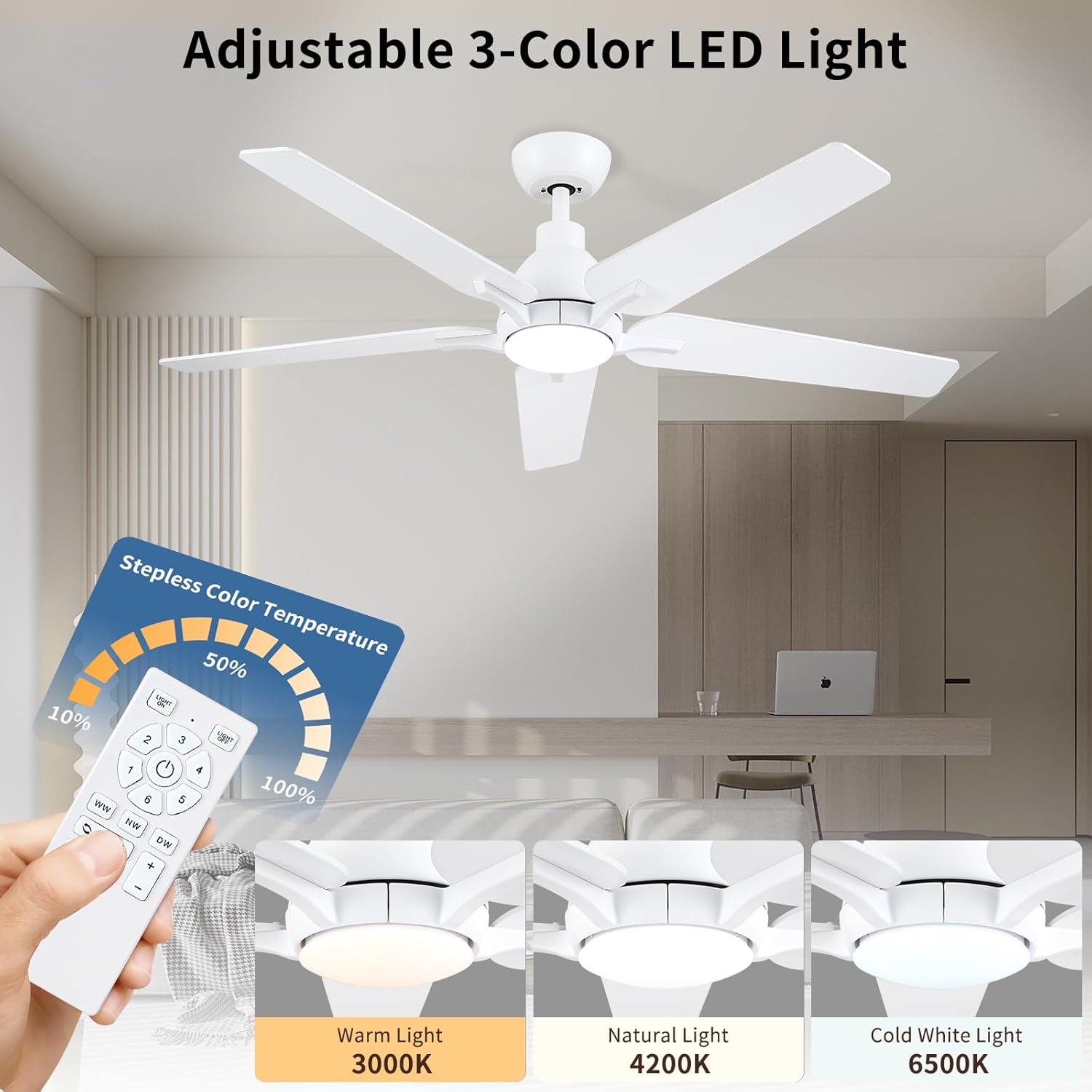 52 Inch Ceiling Fans with Lights: White Ceiling Fan 5 Blades Ceiling Fan with Light and Remote for Bedroom Living Room Dining Room Patio - Dimmable 6 Speeds Reversible Quiet DC Motor