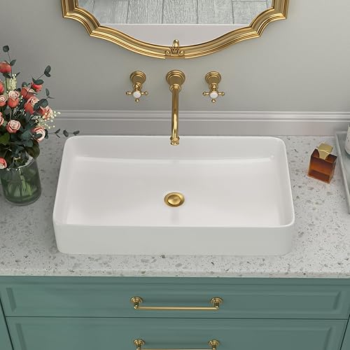 Miniatura 74 de Fregadero de baño de porcelana de cerámica rectangular de 24 x 14 pulgadas sobre mostrador, lavabo de arte blanco y negro Blanco