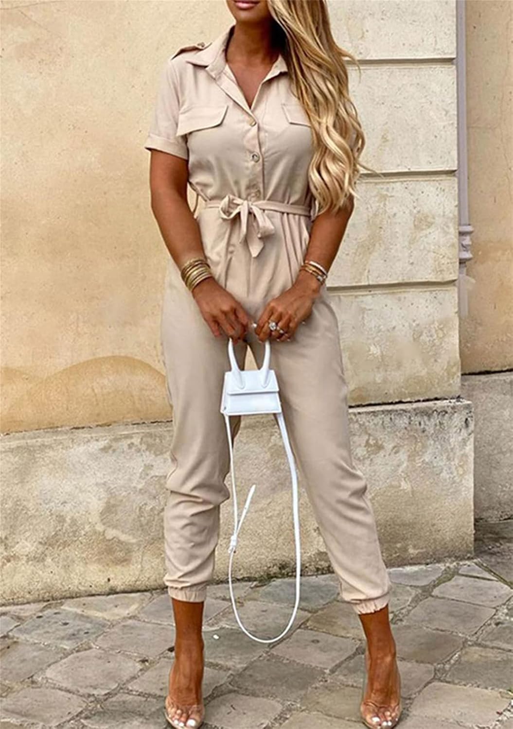 YMING Womens Casual Short Sleeve Jumpsuit Summer Lapel Collar Romper Overalls with Belt Plus Size