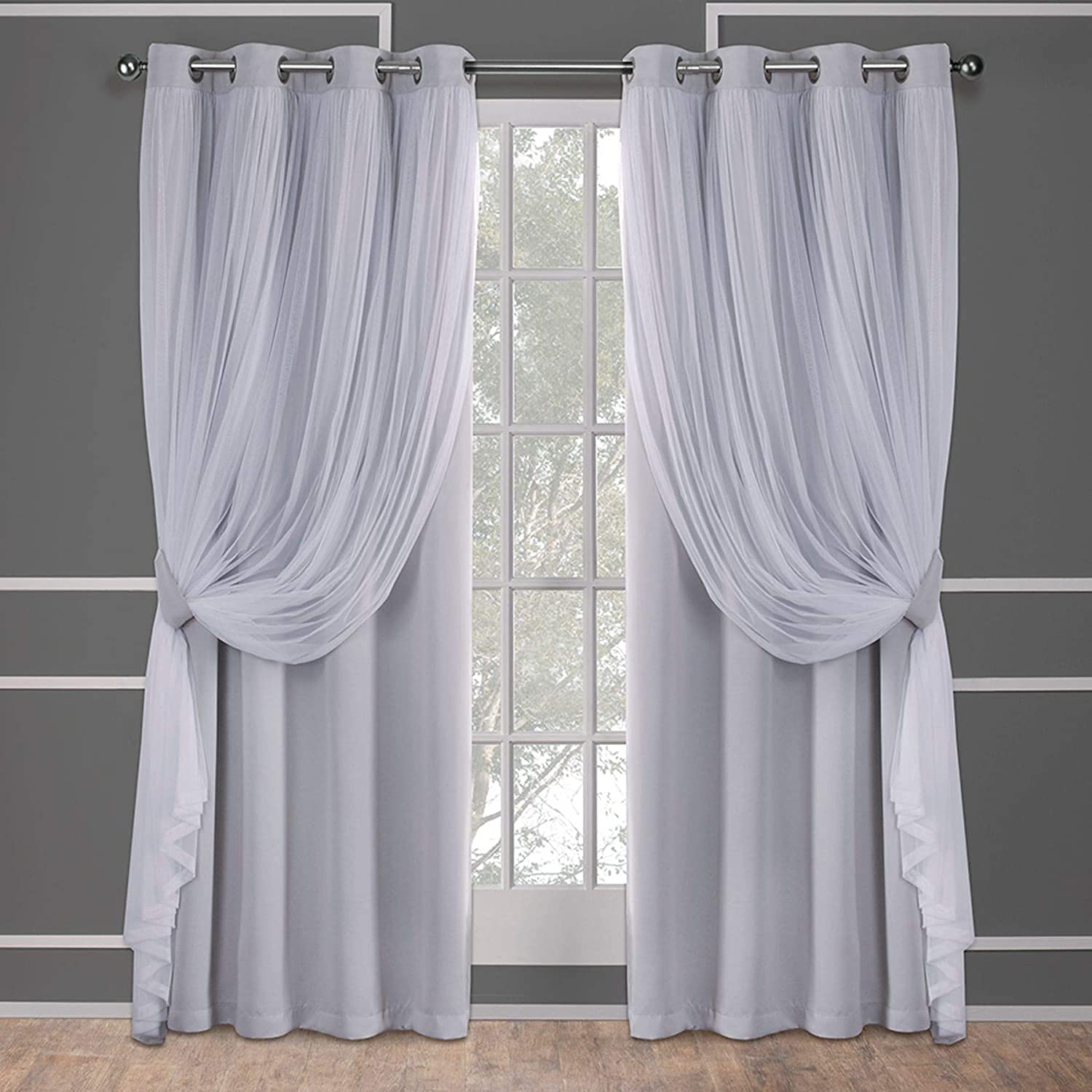 Blackout Curtains Catarina Eyelet Layered Solid Polyester and Sheer Window Curtain Panel Pair with Insulated Ring Top Two Layered-2 X Panels (Light Gray,52x63inch/2ps)