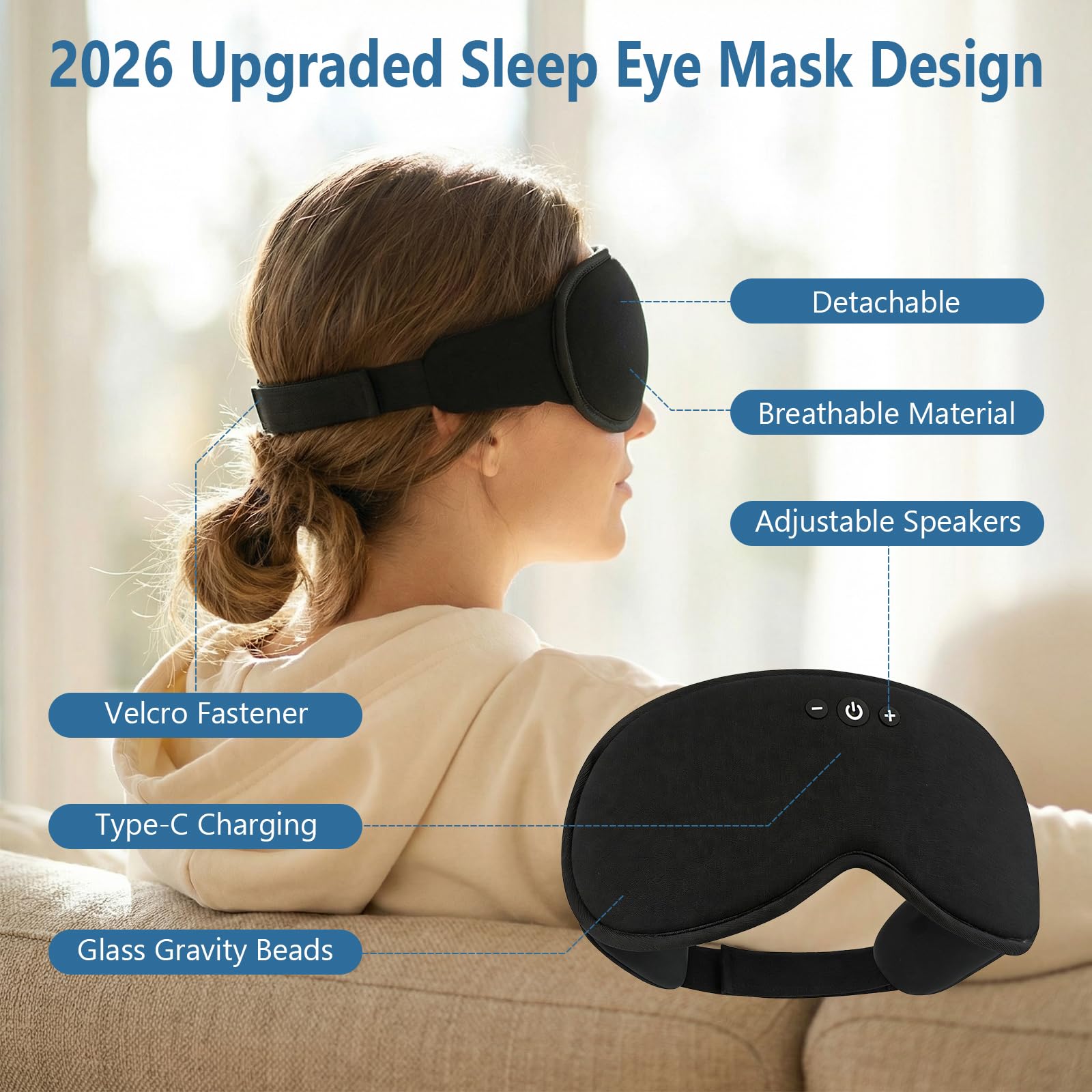 Maschera per dormire Bluetooth V5.4 3D senza fili 100% Blackout Cuffie anti rumore per dormire per uomo donna e per dormienti laterali/viaggi