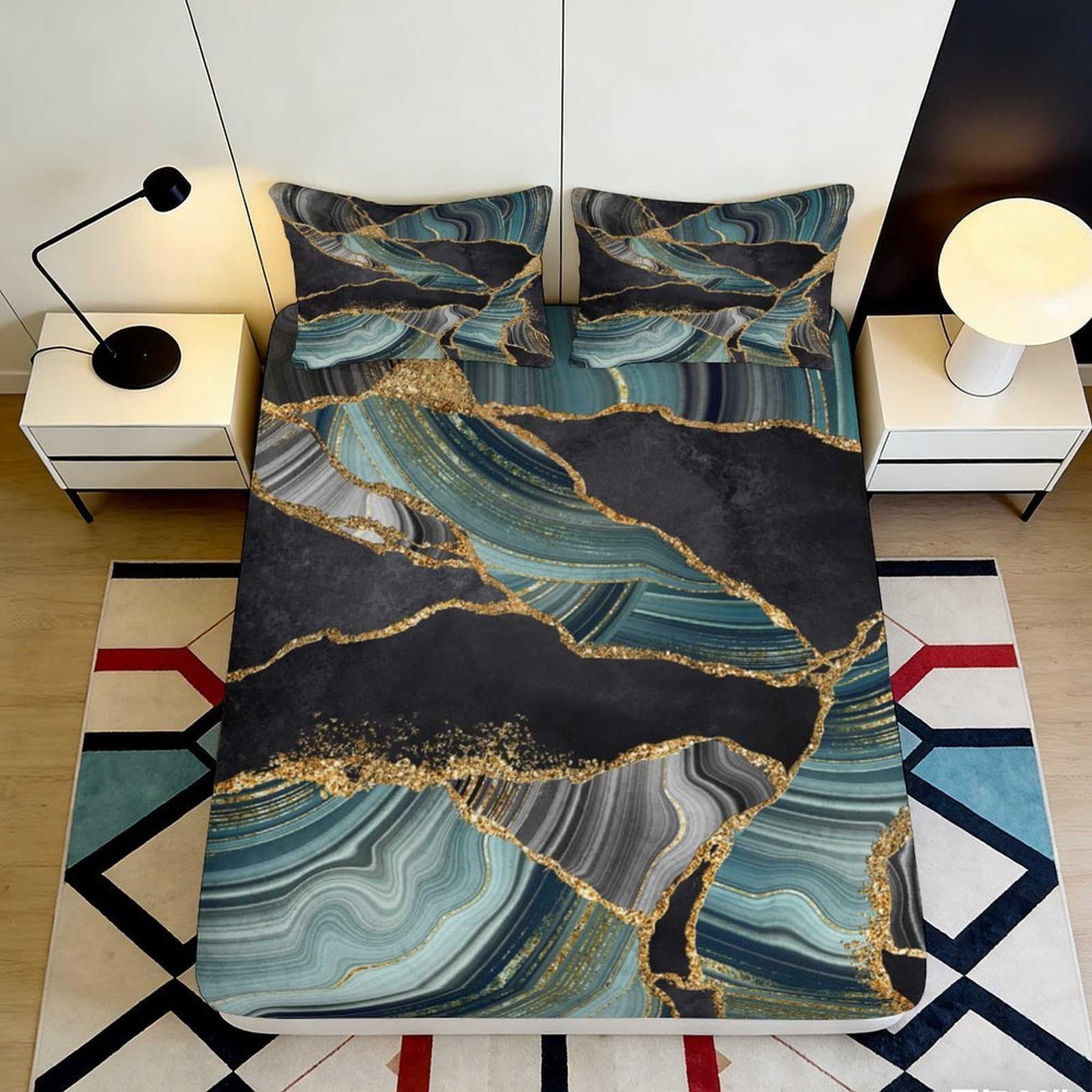 3D Printed Marble Gold Vein Fitted Sheet Microfiber Soft Breathable Agate Pattern Mattress Cover Bedroom Dorm Decor 120x200x25cm