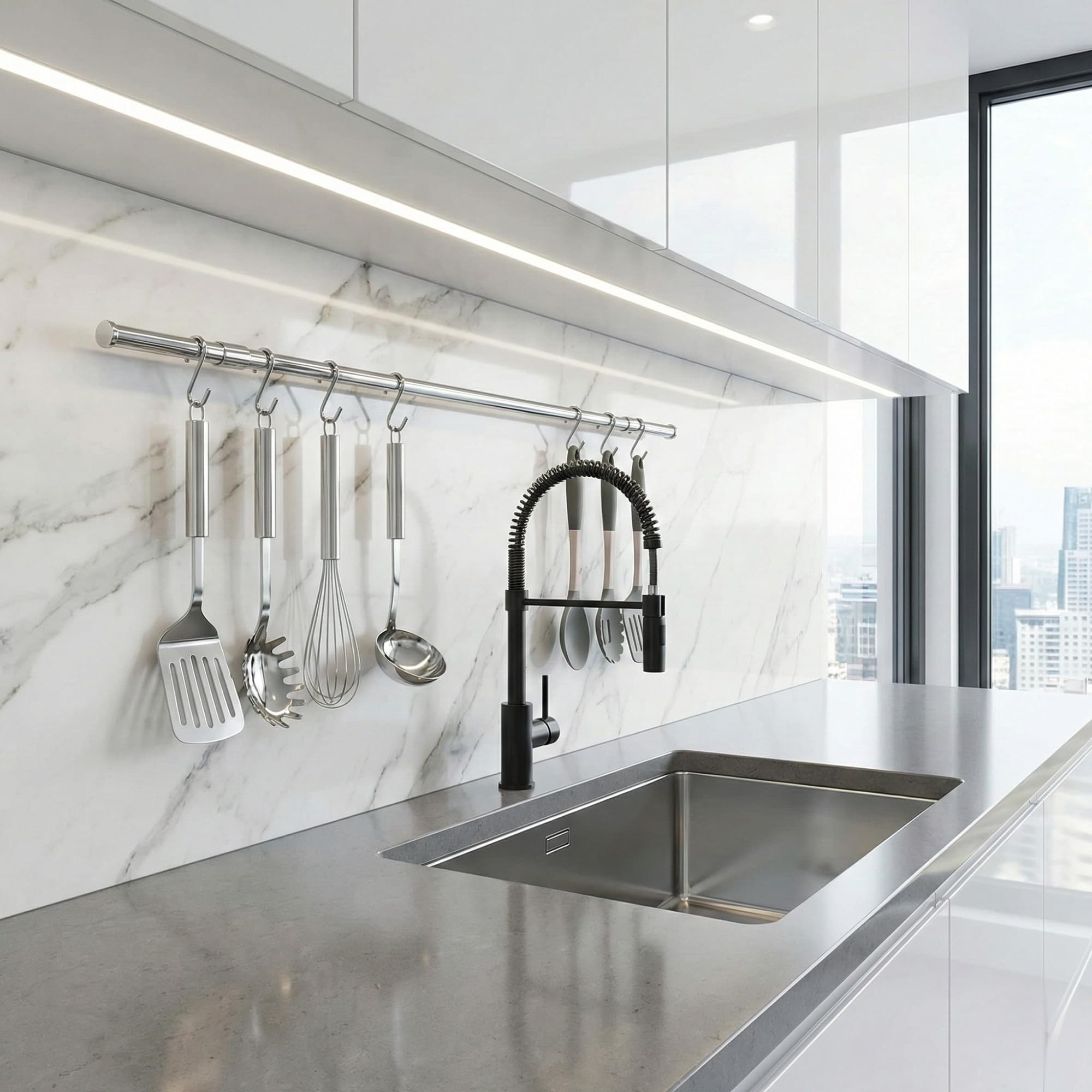Barra Portautensili Cucina in Metallo 1.6x100 cm, 5 Ganci a S inclusi, Portautensili da Cucina Appendi Mestoli e Utensili Sottopensile