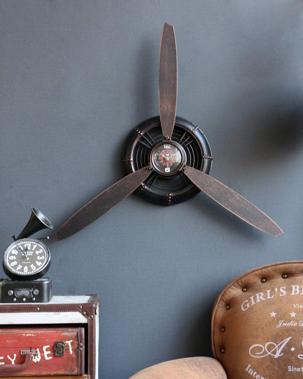 Metal Wall Decor Art antique Airplane Propeller Aviation Wall Clock For Living Room Bedroom Rustic Wall Sculptures Brown 29.5×26.4 inches