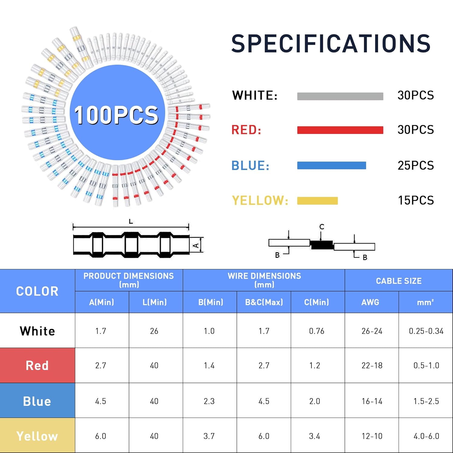 Heat Shrink Solder Seal Wire Connectors Kit 100Pcs 26-10 AWG Waterproof Butt Connector Heat Shrink Electrical Terminals, Insulated Solderless Wiring Splice Connectors for Marine Automotive Boat Truck