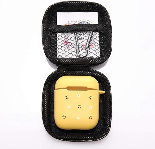 Miniatura 5 de Funda amarilla para AirPod 1 y 2 con llavero de mosquetón de anillo, bonita funda de cereza inalámbrica para auriculares inalámbricos, funda