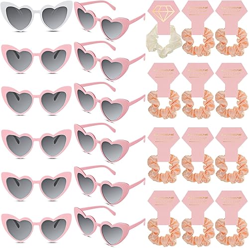 Juego de 24 propuestas de regalo para dama de honor, 12 gafas de sol en forma de corazón, 12 coleteros de satén para el pelo para novia, boda y