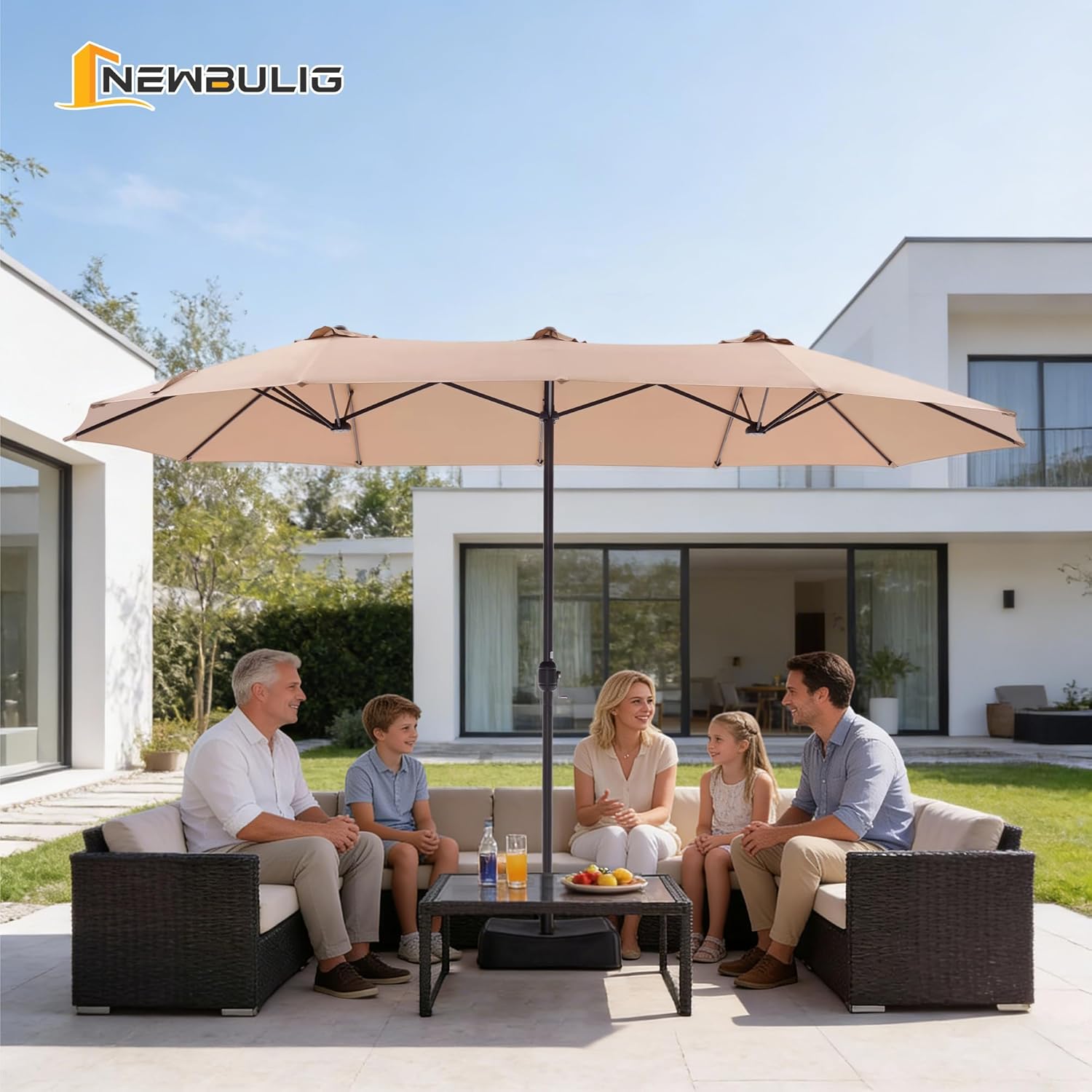 NEWBULIG 15ft Double-Sided Patio Umbrella, Extra Large Outdoor Market Umbrella with Cross Base, 12 Sturdy Ribs Triple Head Twin Canopy Umbrella with Crank for Garden, Backyard, Poolside