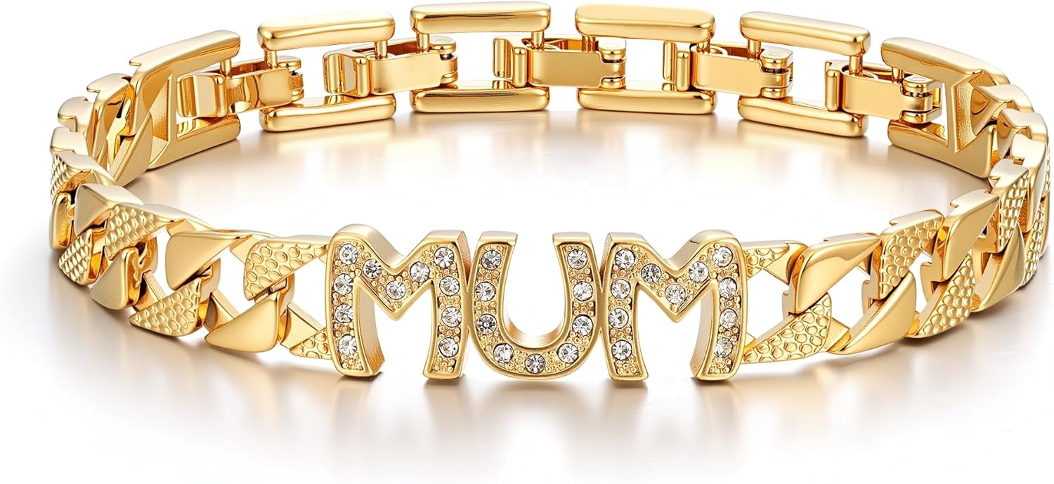 8mm Gold Mum Cuban Link Bracelet With Stones, 8-Inch, Gold Plated - Bling King London