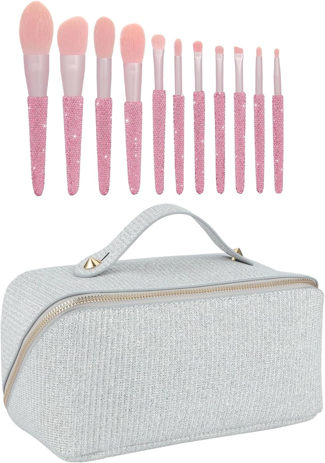 KEYPOWER Large Capacity Glitter Sequin Cosmetic Bag Silver & 11PCS Makeup Brushes Bling Crystal Pink