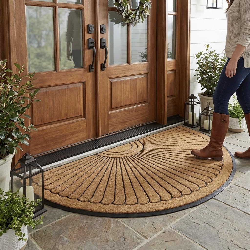 Kempf Sunburst Half Round Coco Coir Doormat, 36" x 72" - Extra Large Double Door Welcome Mat with Non-Slip Rubber Backing - Heavy Duty Outdoor Semi-Circle Entrance Mat for Front Door & Porch