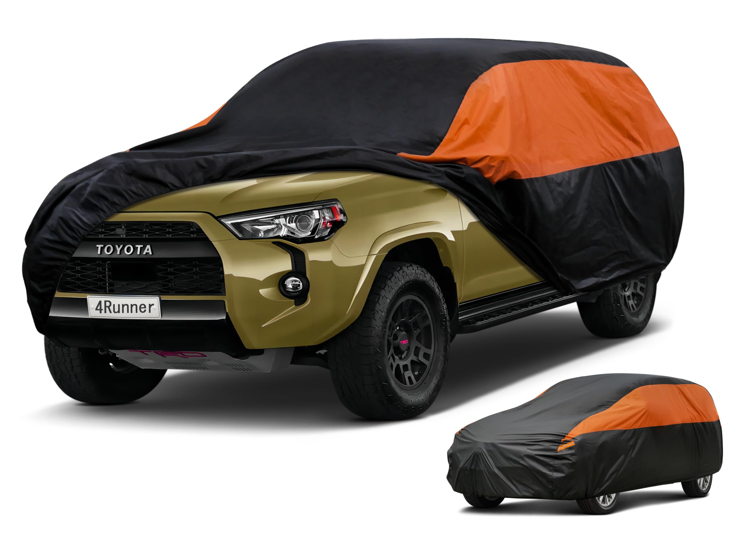 GUNHYI Waterproof Lightweight SUV Full Car Cover Custom Fit 4Runner | All‑weather Outdoor sun/rain/dust/snow/wind/UV protection, breathable tear‑resistant fabric, black‑orange design,storage bag