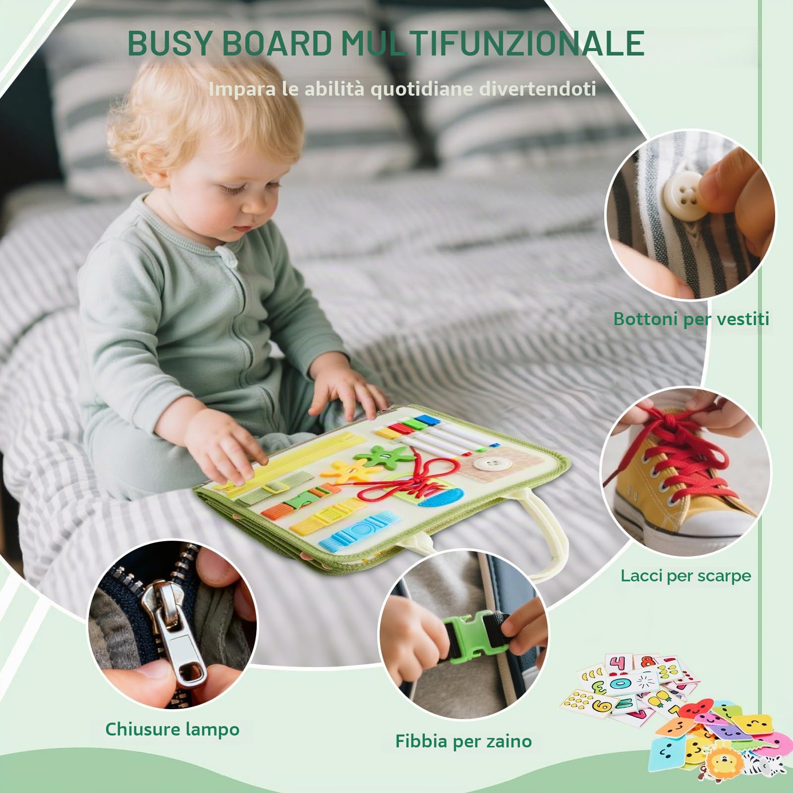 Busy Board, Libro Silenzioso Montessori Giocattolo a partire da 3 4 5 6 anni, 9 In 1 Tavola Attività per Bambini Piccoli Giocattolo Motorio, Giocattolo Educativo Sensoriale, Libro Attività, Giocattolo
