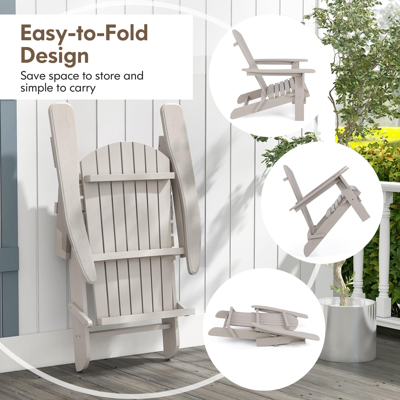 KOMFOTTEU Silla Adirondack Plegable, Silla de Jardín de Madera de Abeto, Silla Tumbona con Respaldo Alto y Reposabrazos, Sillón de Exterior Carga 180 kg para Patio, Terraza, Balcón (Gris x 2)