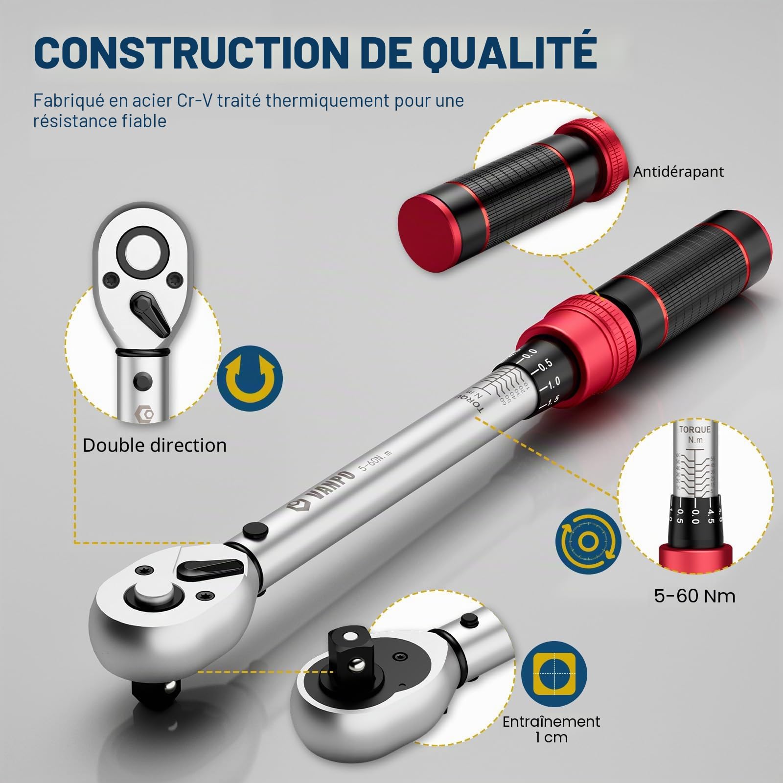 VANPO Clé Dynamométrique 3/8'', 5-60NM Cle Dynamométrique Set avec Adaptateur 3/8"-1/4", Barre d'extension 125 mm pour Vélo et Moto, Remplacement de Bougie D'allumage de Auto (Lot de 2)