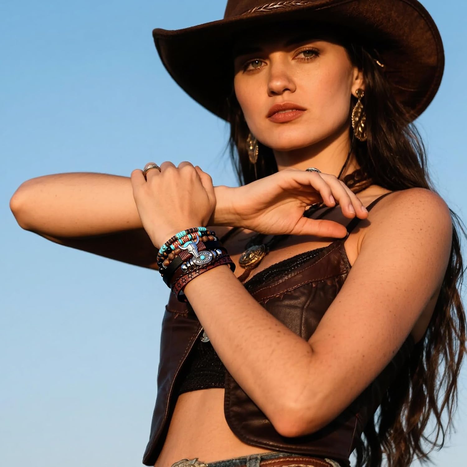 Western Bracelets for Women, Country Jewelry Cowgirl Bracelets for Women, Cowboy Bohemian Stackable Vintage Stack Beaded Turquoise Style Cow Charm, Rustic Theme Stretch Beads Jewelry Accessorie Set - Image 6