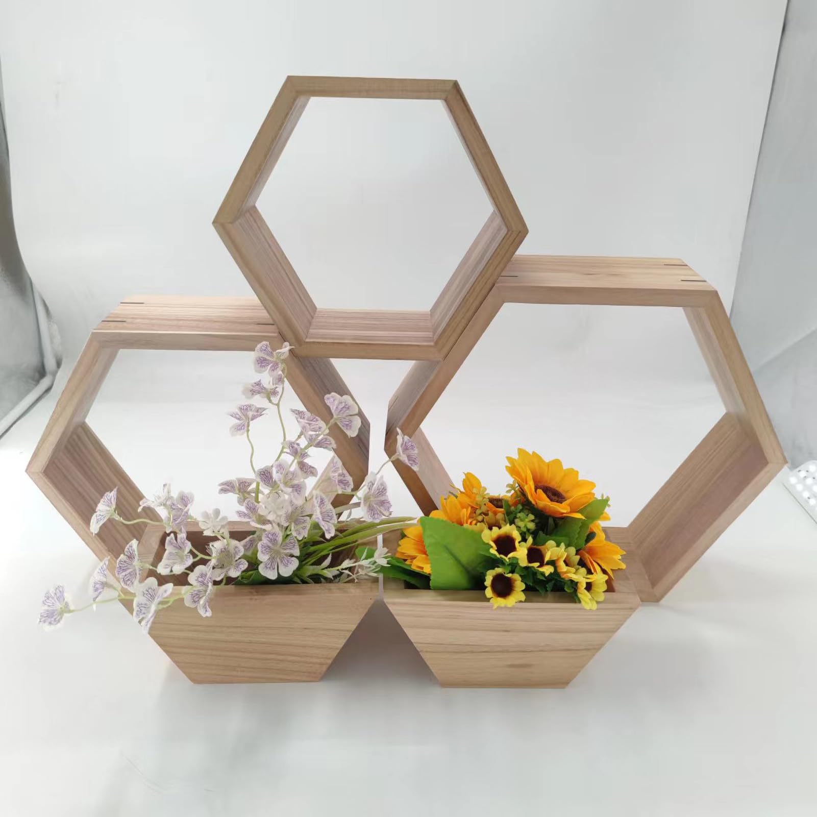 Juego de 5 Estantes Flotantes Octágonos y Hexagonales de Madera Rústica Montados en la Pared para Fotos y Plantas