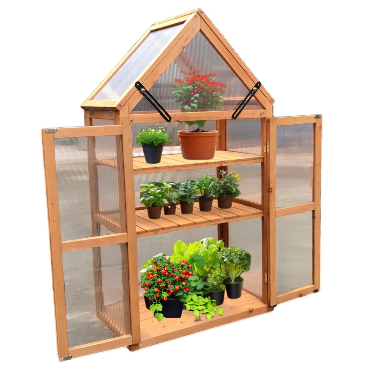 Coemo Holz-Gewächshaus Jan – Stilvolles Design, 65x40x120 cm, Farbe Braun, Aufklappbare Türen und Dach, Winterschutz Gewächshaus -Wetterfestes Pflanzenhaus für Kräuter, Tomaten & Setzlinge