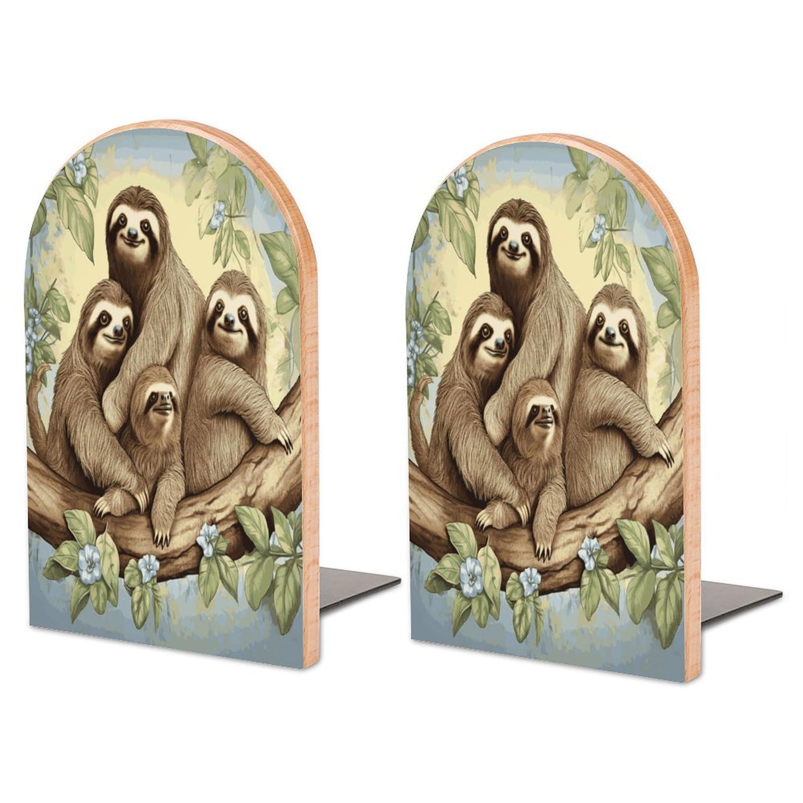 Large Sloth Family Book End with Metal Base Fashion Heavy Duty Bookend Exquisite Wooden Bookends Non-Skid Book Stopper for Shelves Books Organizer for Office Home 1 Pair