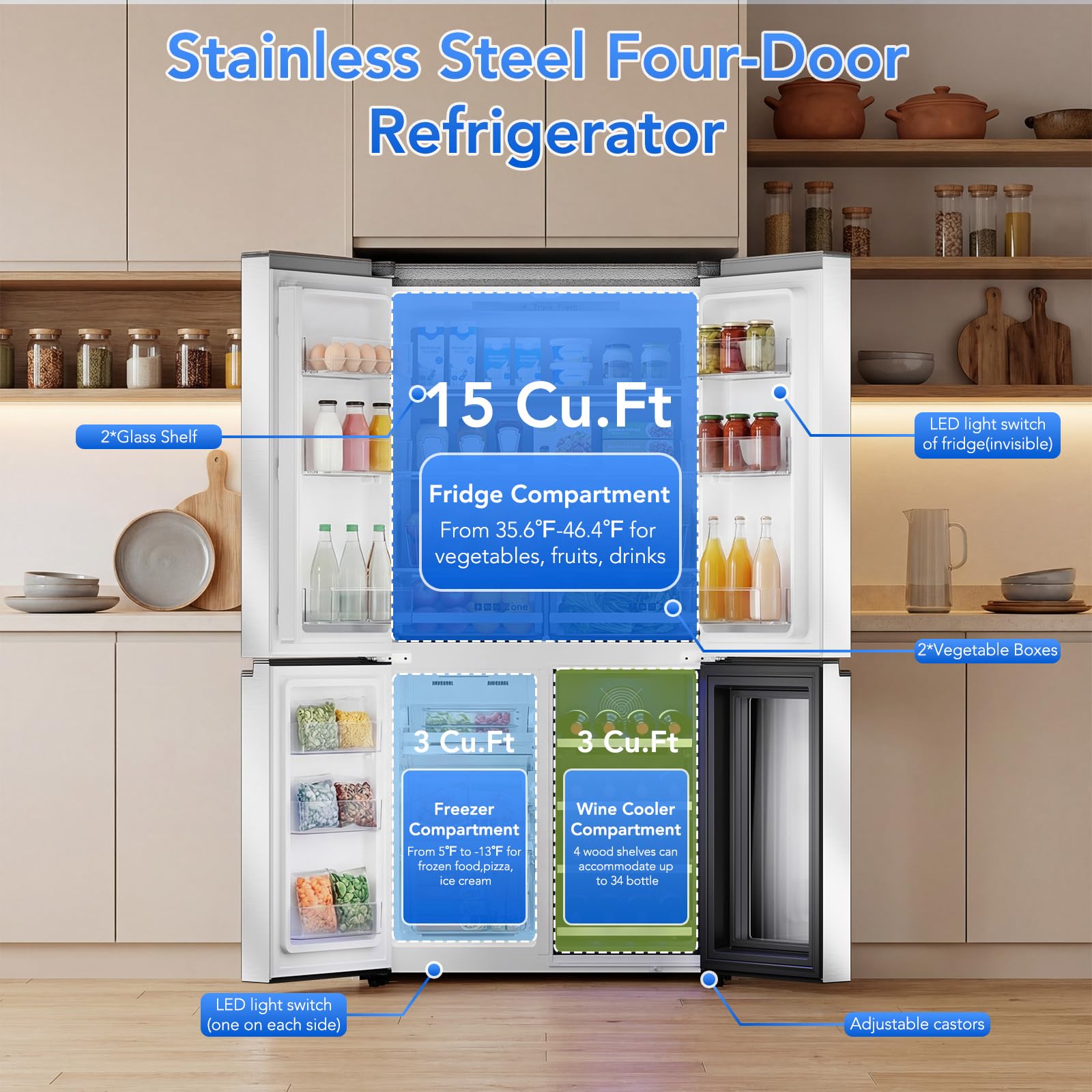 Cowsar 36-Inch And 21 Cu. Ft. Counter Depth French Door Refrigerator With Wine Cabinet And 4 Doors Kitchen Deep Freezer In Stainless-Steel on Fridge.com - View 4