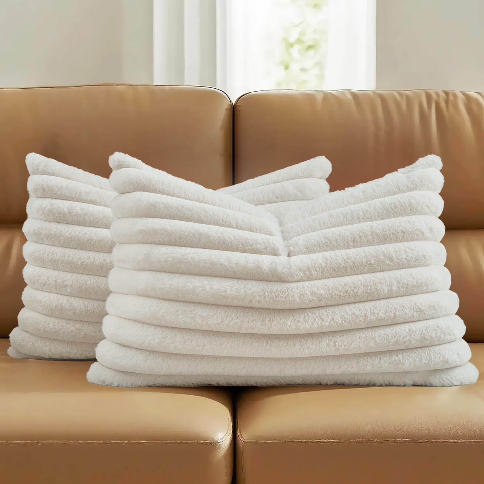 FUTEI Set of 2 Fluffy Faux Fur 30x50 cm Cushion Covers Soft Plush Striped Textured Scatter Pillowcase 30 x 50 cm Modern Accent for Sofa Bedroom Living Room, Cream โ image 1
