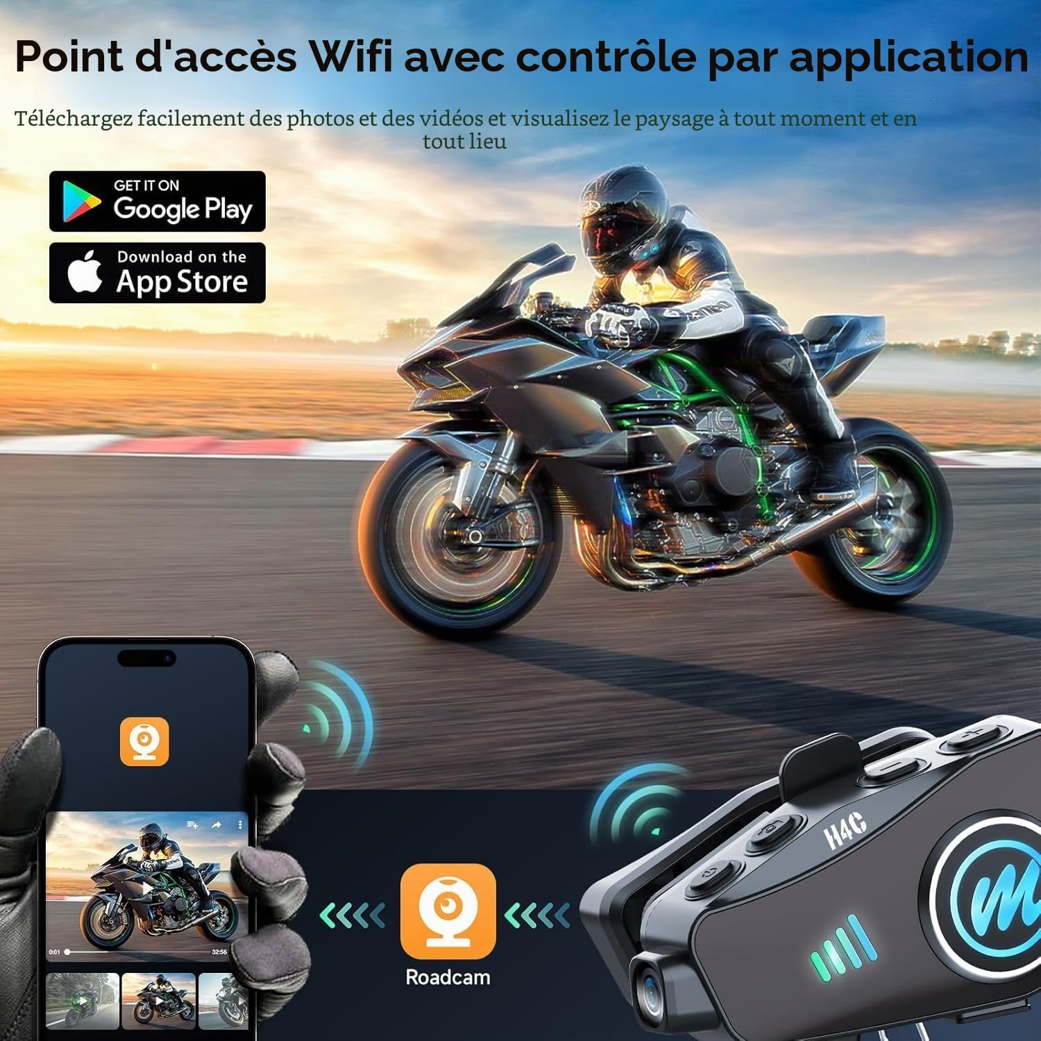 Moman H4C Casque Moto avec Caméra – Caméra 1080P Grand Angle 120° à 360°, Carte TF 32 Go Incluse, Son Hi-FI Stéréo, Assistant Vocal AI, IPX6 – Kit Mains Libres Moto