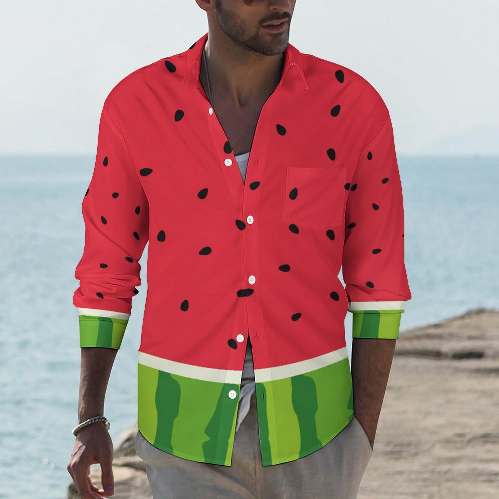 K*e様 スイカ柄 アロハシャツ レッド Amazon.co.jp: スイカ柄 果物 レッド メンズ シャツ 秋服 長袖 Tシャツ